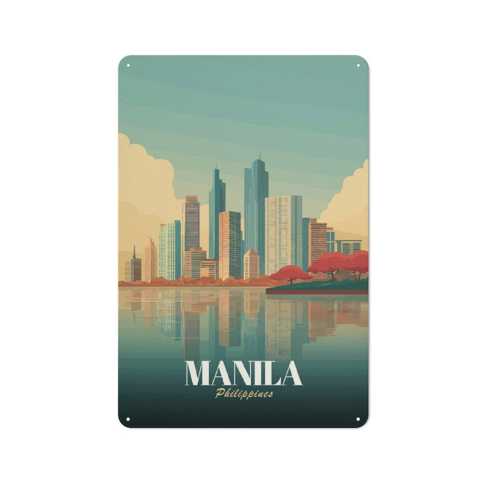 Metal Wall Sign 30x20cm Featuring Manila Skyline Reflection for Café Or Home Bar, for Collectors Decorating Cafés And Home Bars