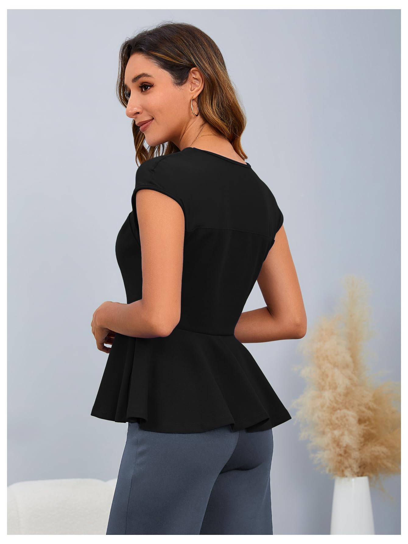 OYOANGLE Women's Elegant Sheer Mesh Cap Sleeve Ruffle Hem Flared Work Peplum Blouse Tops