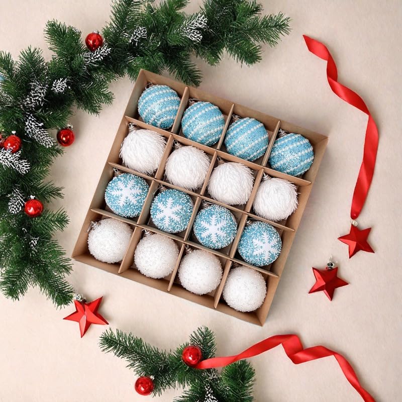 Palle di Natale, 16pezzi 8cm Natale Ornamenti Vacanze Casa Decorazione Festa di Natale (Blu e bianco)
