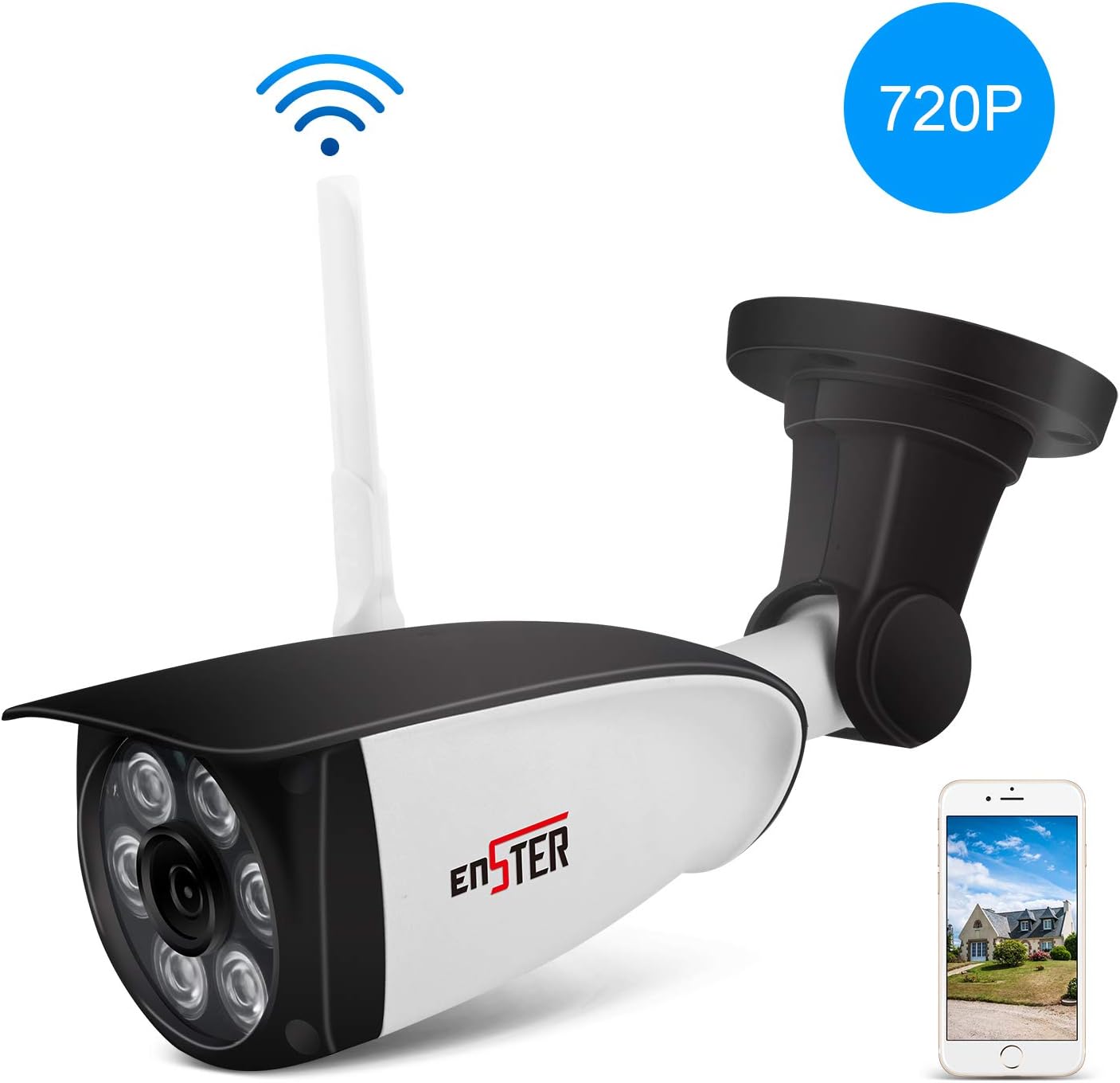 ENSTER Outdoor Security Camera - 720P Home Outside Surveillance Camera - Motion Detection, Waterproof, Night Vision, FTP, Support Max 64GB Micro SD Card -Windows, iOS, Android Compatibility