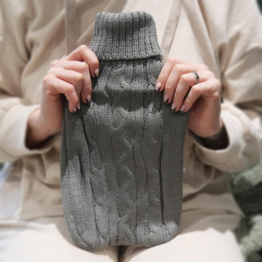 TRIXES Funda de punto para botella de agua caliente, aislante de punto gris, bolsa de agua caliente para aliviar el dolor, gran regalo para mujeres, solo funda (botella de agua caliente no incluida)