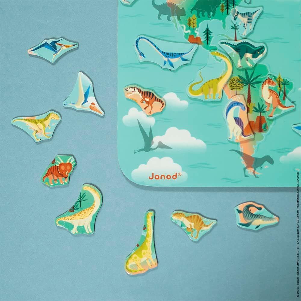 Janod - Planisphère Magnétique Dino - 50 Magnets Dinosaures + 1 Plateau + 1 Poster Modèle - Jeu Éducatif Enfant - Dès 7 Ans, J05836