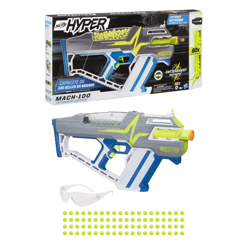 Nerf Hyper, Blaster motorisé Mach-100, 80 Billes en Mousse Nerf Hyper, Lunettes, Vitesse de 33 m/s, Recharge Facile, capacité de 100 Billes, L