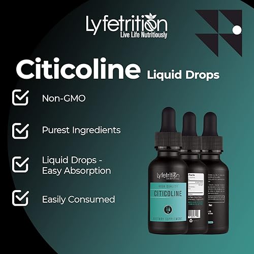 Miniatura 6 de Citicoline - Gotas líquidas de 536 mg, líquido de 4 onzas, 220 porciones, fabricadas en Estados Unidos, absorción rápida, ingredientes potentes de