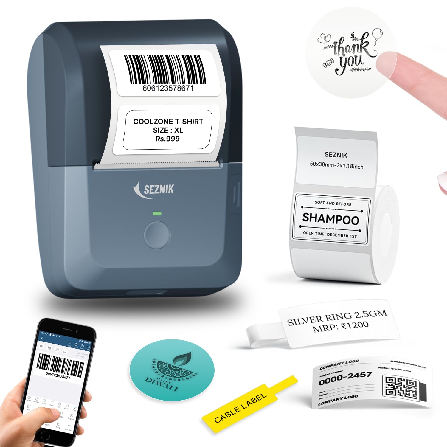 SEZNIK Tej Bluetooth Mini Thermal Label Printer for Business Office Home | Inkless Thermal | Mobile, Desktop Compatible | 58 mm (2 inches) | 1 Year Warranty (Tej Label Printer)