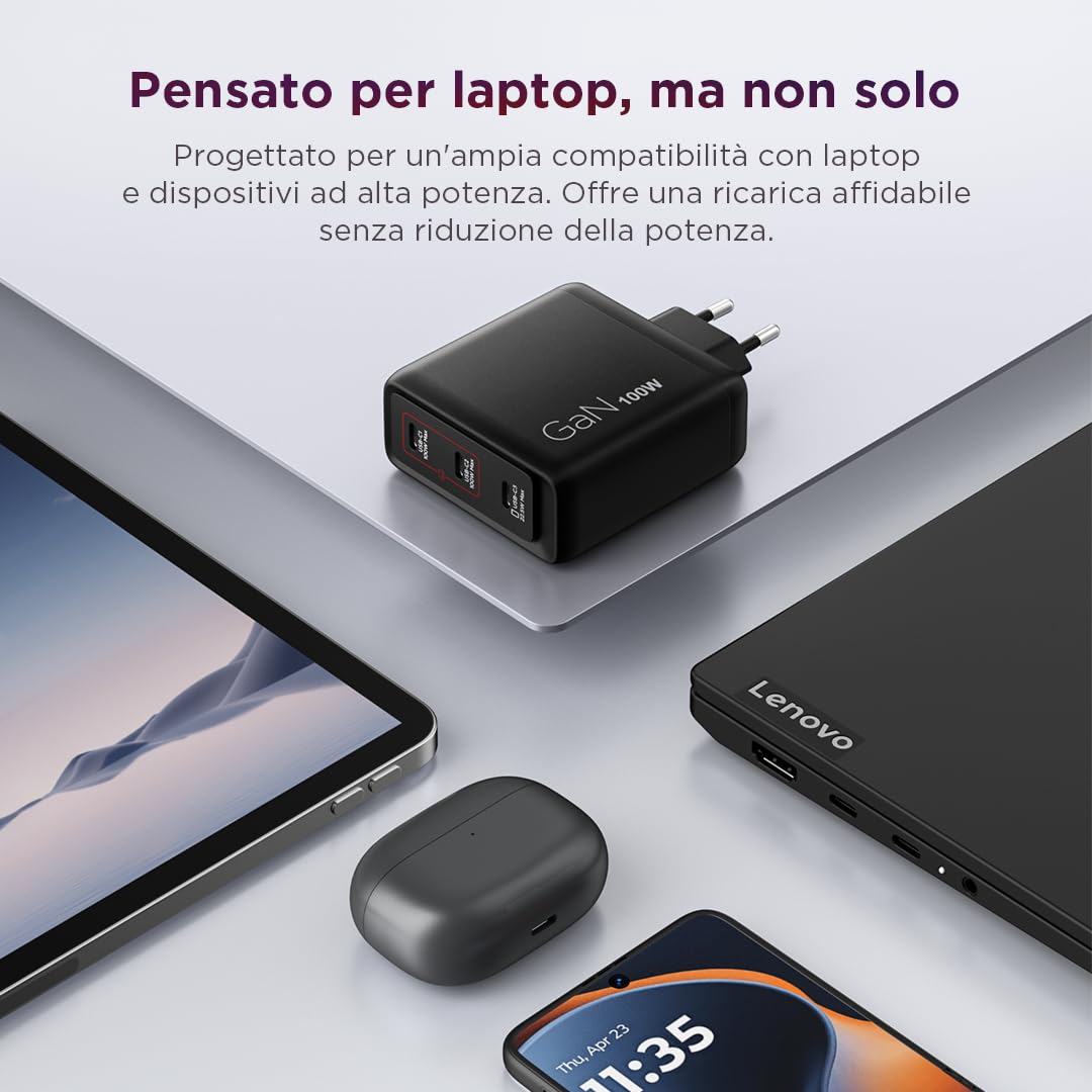 Lenovo Multi-port USB-C 100W GaN Charger, caricatore con 3 porte USB-C e output fino a 100W o 65W+20W+10W, per notebook e dispositivi mobili