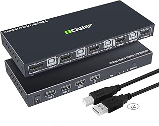 AIMOS KVM Switch, 4 In 1 Out HDMI Switcher Box Support 4K@60Hz For 4 PC Share Keyboard And Mouse, Support USB Hub Connect, Compatible With Windows/Linux/Mac System etc, With 4 Cables