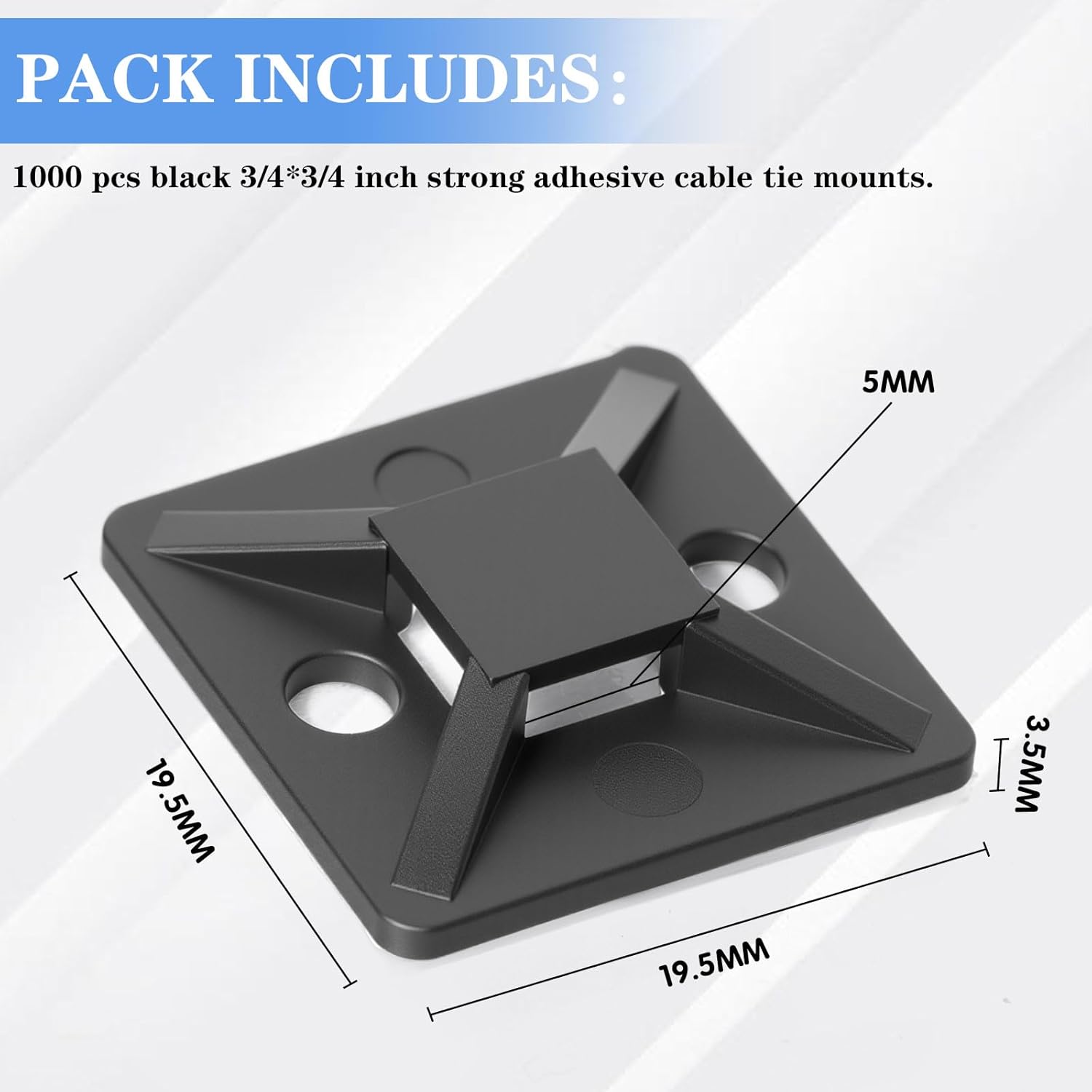 1000 Pcs 3/4 Inch Black Self Adhesive Cable Zip Tie Mounts Wires Zip Tie Mounting Base Holders Management Anchors Organizer Holders for Indoor & Outdoor Cable Organization (Black)