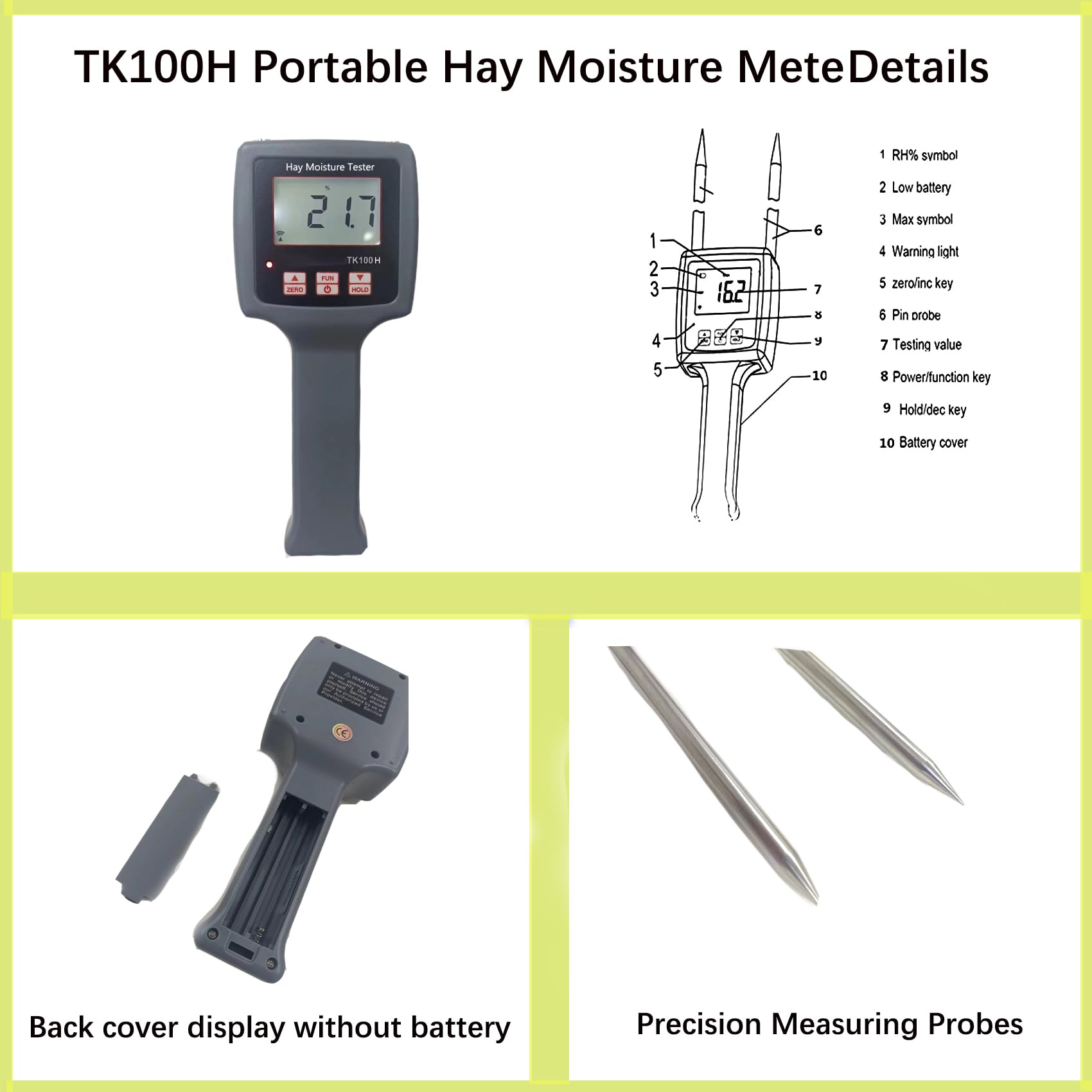 TK100 Humidimètre portable pour foin avec longue sonde