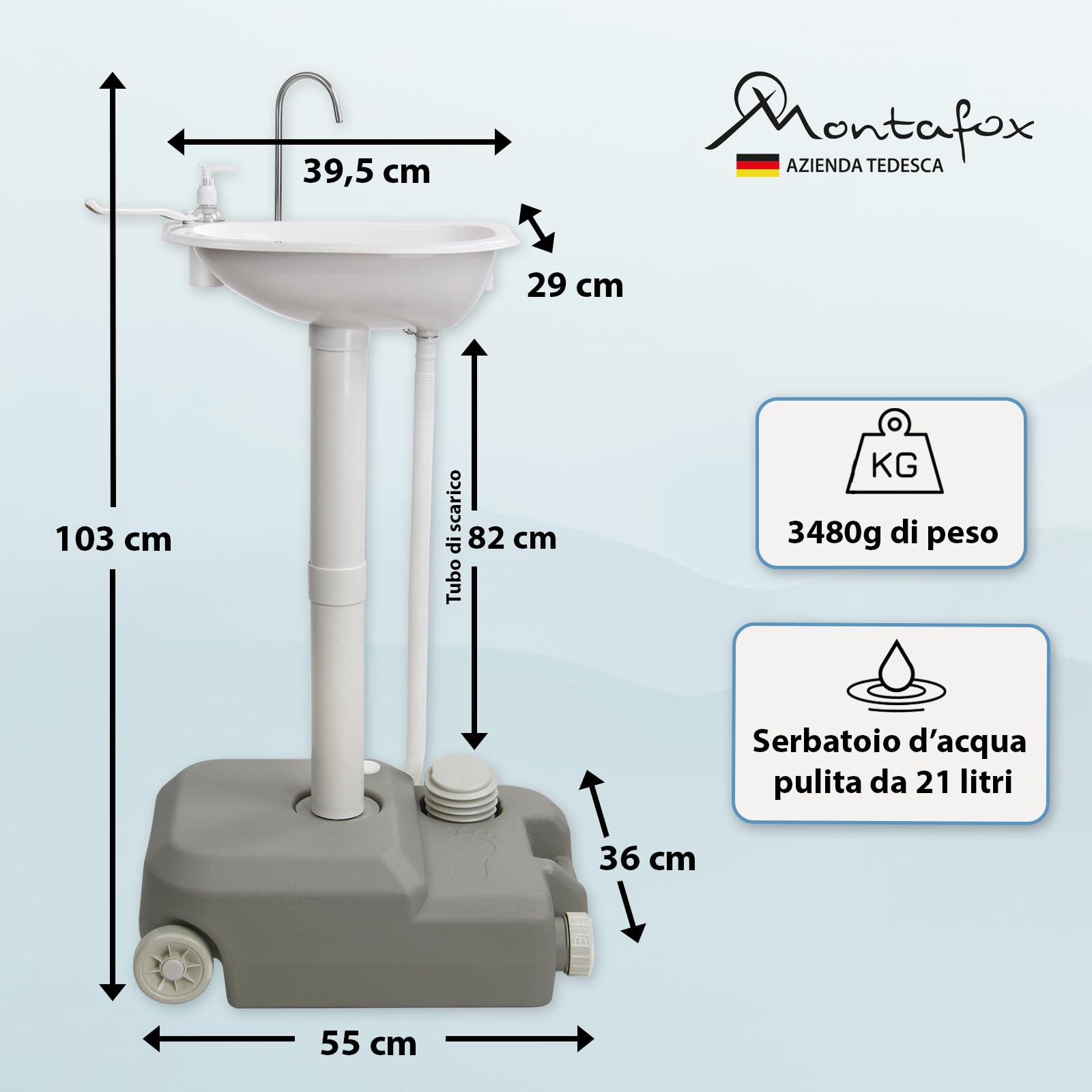 Montafox Lavandino da Esterno 21 L - Lavabo da Campeggio Mobile con Pompa a Pedale Dispenser Sapone e Porta-Asciugamani