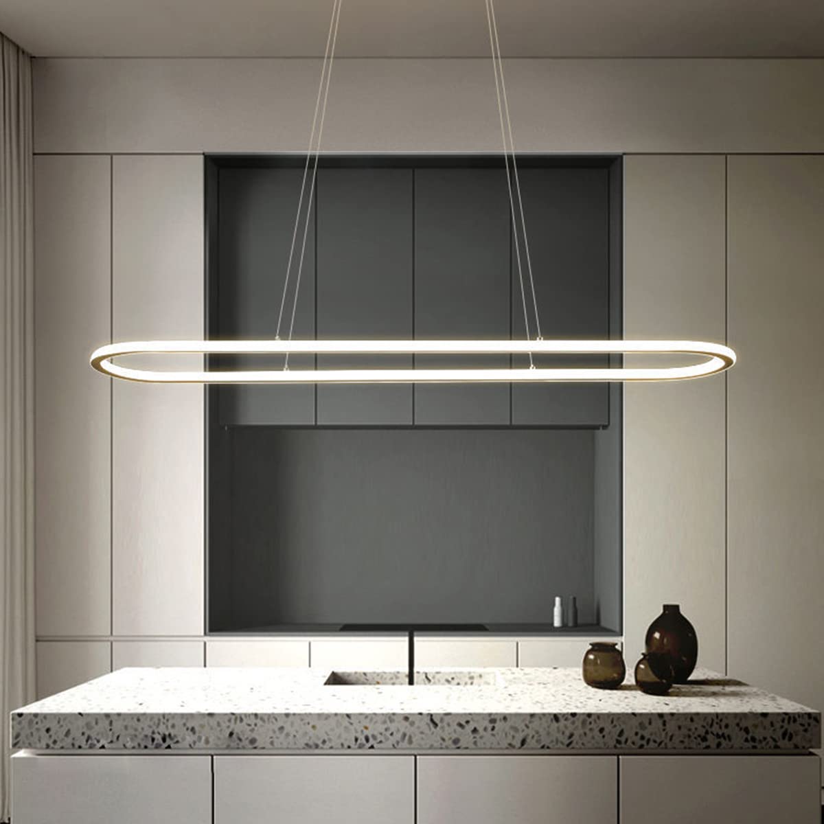 Lampy sufitowe LED do sypialni, owalny design, możliwość ściemniania, z pilotem zdalnego sterowania, regulowana wysokość do stołu jadalnego biura (czarny dł. 60 cm / 30 W)