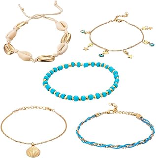 RUKDA Piezas de Cuentas de Tejido Azul Tobillera 5 Viento arroz Estrellas océano joyería Tobillera Simple Pulsera Botellas for Mujer Pulsera/Tobillera (Color : Gold, Size : One Size)