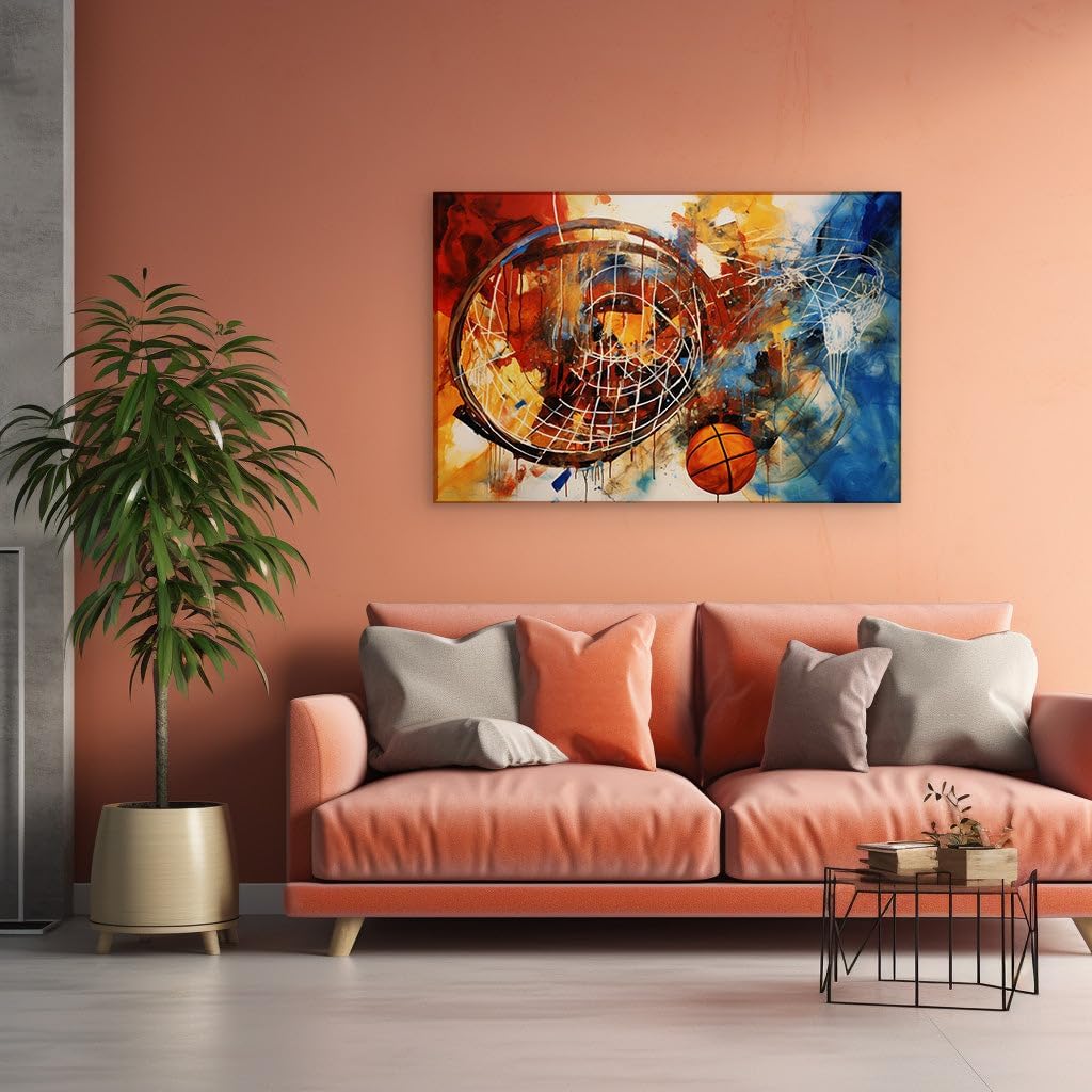 Canvas for Living room. Basketball Dynamism in Bold Strokes and Vivid Hues, 27 x 18 inch Canvas Wall Art - Contemporary Masterpieces - Modern Home Decor