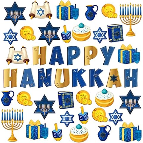 68 Pcs Hanukkah Classroom Bulletin Border Decoration Happy Hanukkah Cutouts Hanukkah Star Cutouts Menorah Dreidel Cutouts Bible Scroll Gold Cutouts for School Chalkboard Kwanzaa Party Wall (Candle) Cover