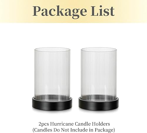 Miniatura 7 de Hewory Candelabro acanalado de huracán juego de 2 portavelas votivas negras, huracán de vidrio con placa de vela de metal, soporte de vela de pilar