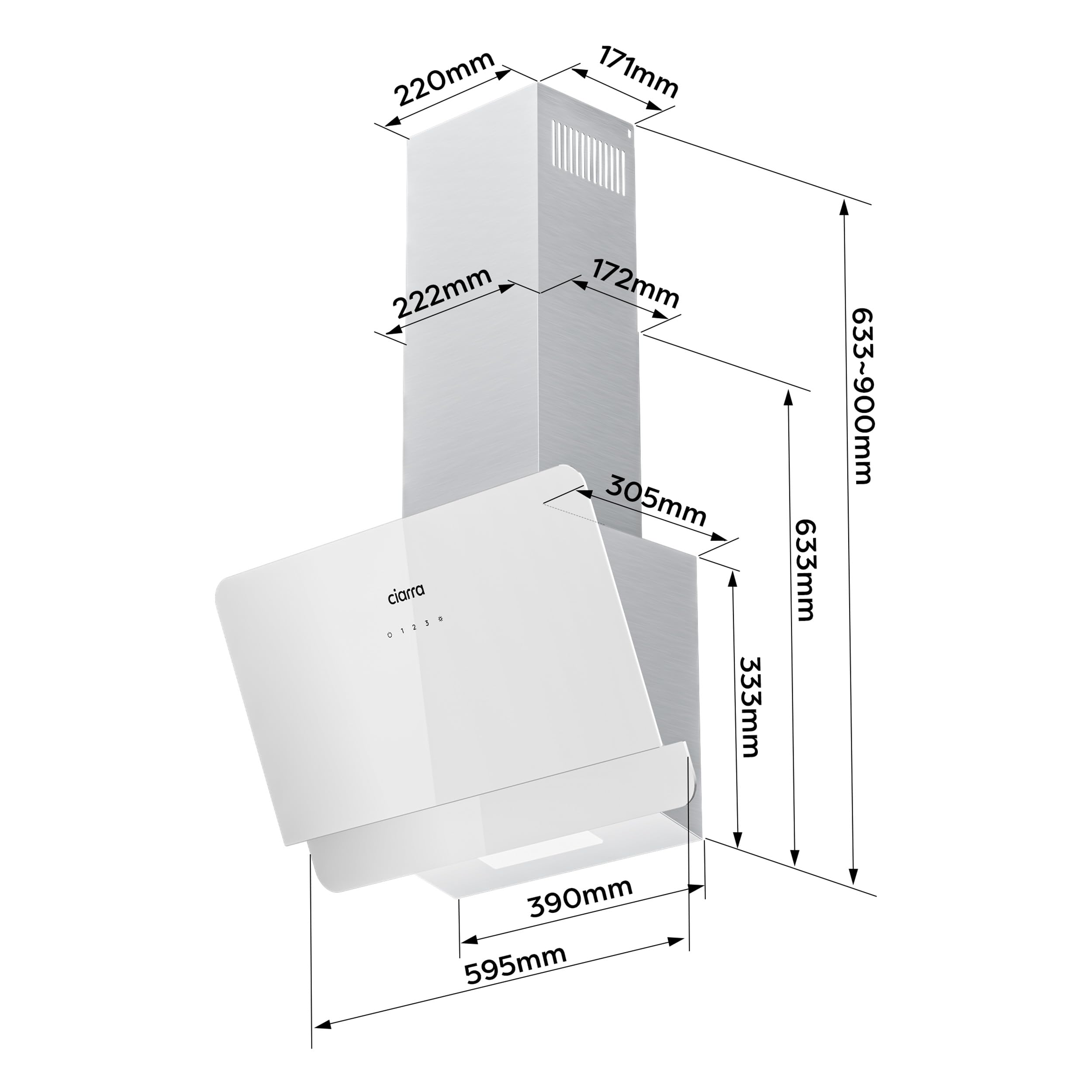 CIARRA CBCS6765C Hotte Inclinée Murale 60cm Classe A+ 580m³/h avec Filtre à Charbon CBCF055, 3 Vitesses, Écran Tactile, Évacuation & Recyclage, Verre et Inox -Blanche
