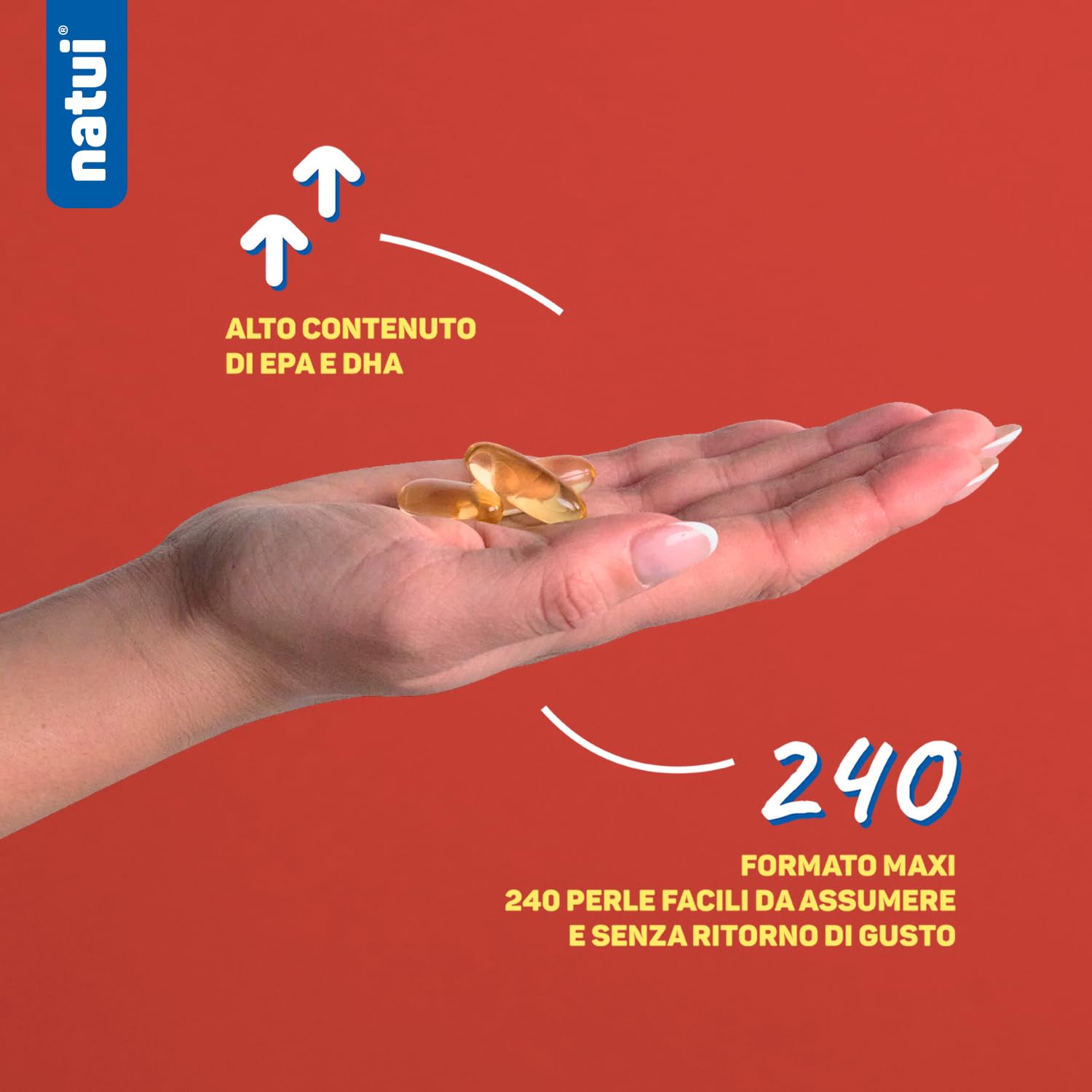 Natui Omega 3 – Integratore di Omega 3 IFOS - 432 mg EPA e 288 mg DHA – Acidi Grassi da Olio di Pesce Concentrato per Controllo Colesterolo, Trigliceridi e Pressione - No Ritorno di Gusto - 240 Perle