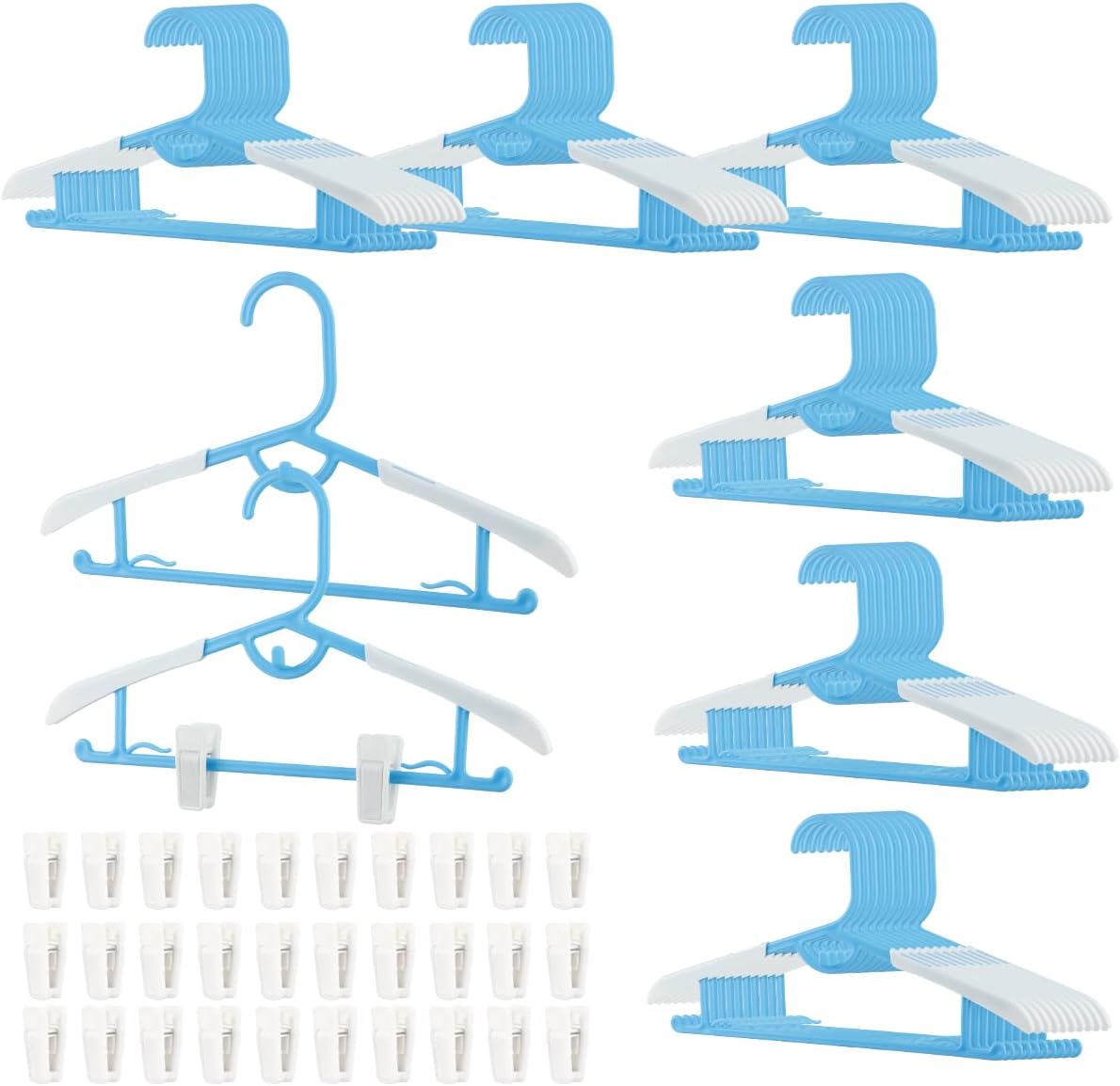 60 Kids Hangers with Clips Adjustable Hangers Blue Baby Hangers for Clothes Non Slip Childrens Hangers Toddler Hangers Kids Extendable Hanger with Hook Stackable Plastic Hangers with 30 Hanger Clips Blue 60