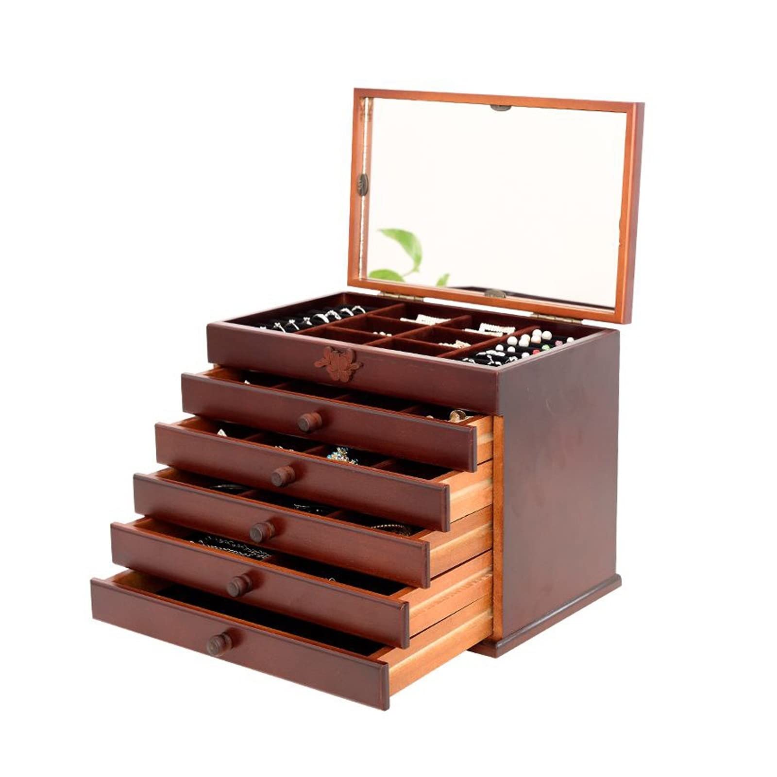 Organizer na biżuterię dla kobiet, drewniana szafka na biżuterię z zamkiem i 5 szufladami, idealne do przechowywania pierścionków i naszyjników, elegancki design dla dziewcząt