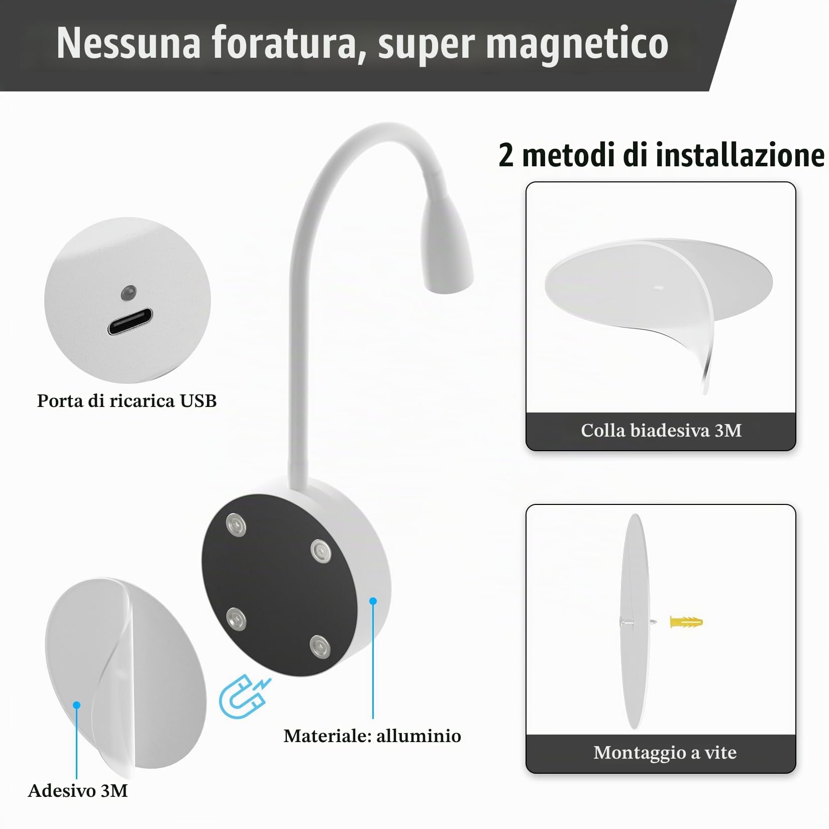Klighten 2 Pezzi Lampada da Lettura Parete Senza fili Dimmerabile con Telecontrollo, Batteria 2W LED Luce da Lettura da Comodino, Faretto Lettura Ricaricabile USB, 200LM, 3000/4500/6000K, Bianco