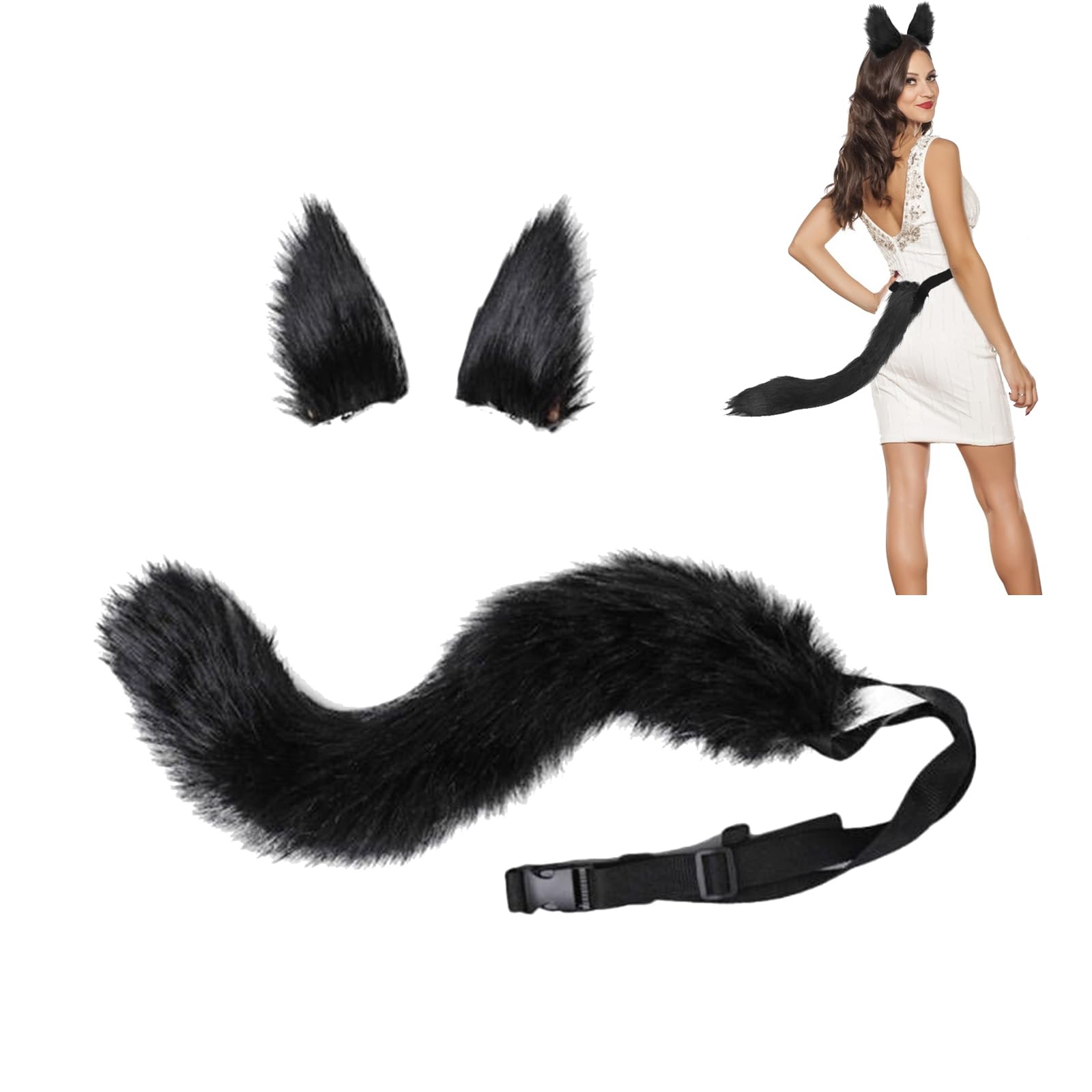 XINCHIA Faux Fur Fox Cat Ears Hair Clip Tail Set Fluffy Wolf Fox Cosplay Costume Hair Hoop Long Tail Kit Animal Dress Up Fancy Dress Hairband Accessories Halloween Role Play Party Costume for Adults — image 1