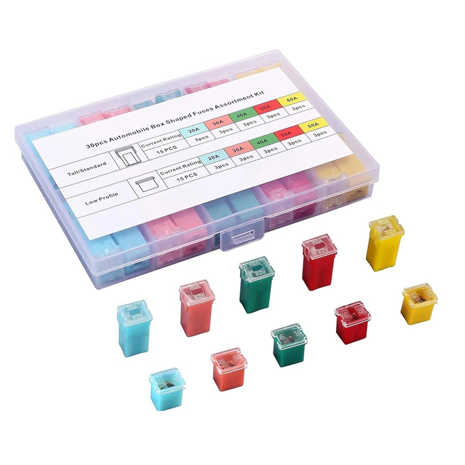 Kit assortimento di fusibili for auto da 30 pezzi, alto/standard e a basso profilo, a forma scatola for camioncini, camper SUV