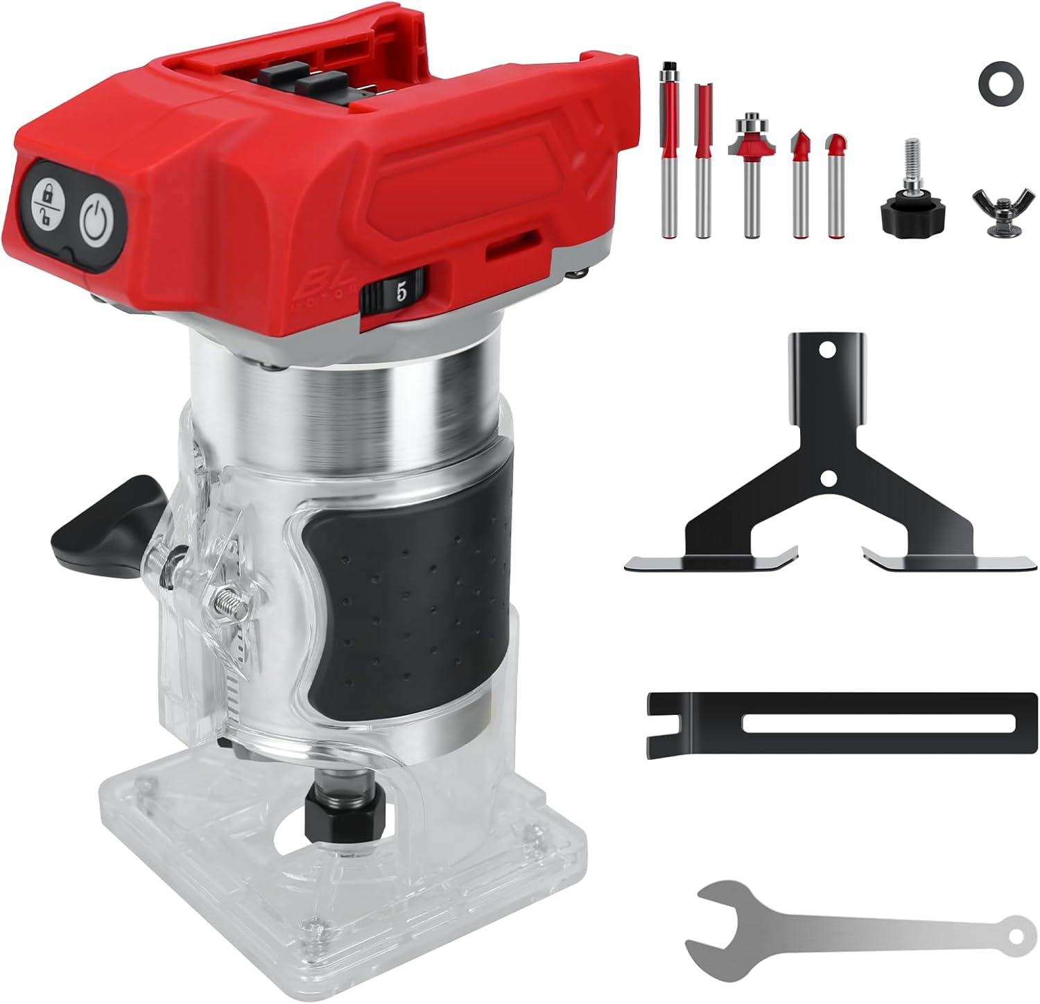 Cordless Compact Router for Milwaukee 18v Battery, 800W Brushless Trimmer Router with 5 Variable Speeds, 30000 RPM, Wood Palm Router Tool with 5PCS 1/4" Router Bits, Edge, Roller Guides