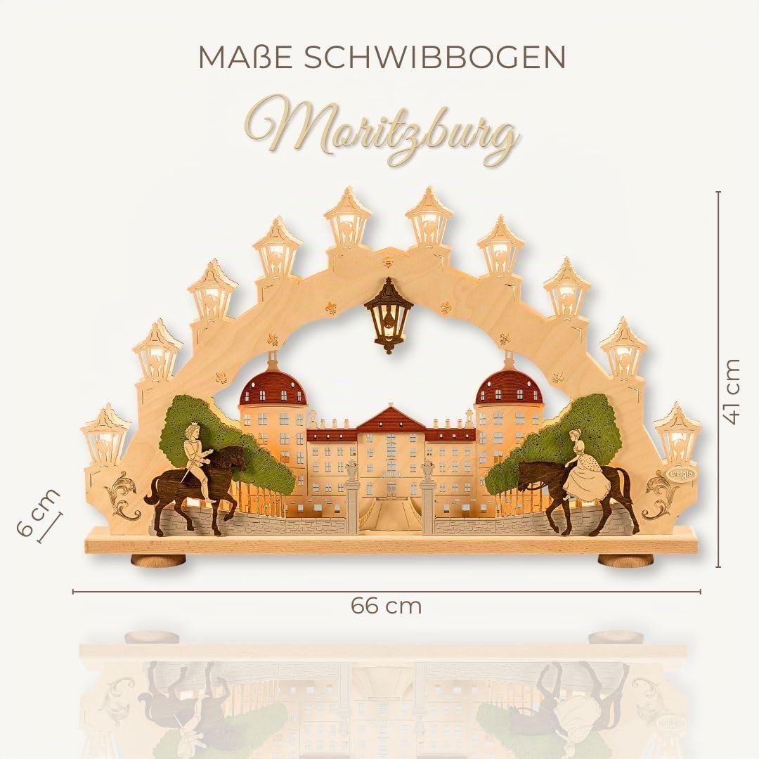 weigla - Schwibbogen original Erzgebirge I Motiv Moritzburg I Lichterbogen Weihnachten I 15 Lampenkerzen + 1 Ersatzlampe I 15 x 16 V, 3 W, E10 I beleuchtete Weihnachtsdeko innen I aus Holz