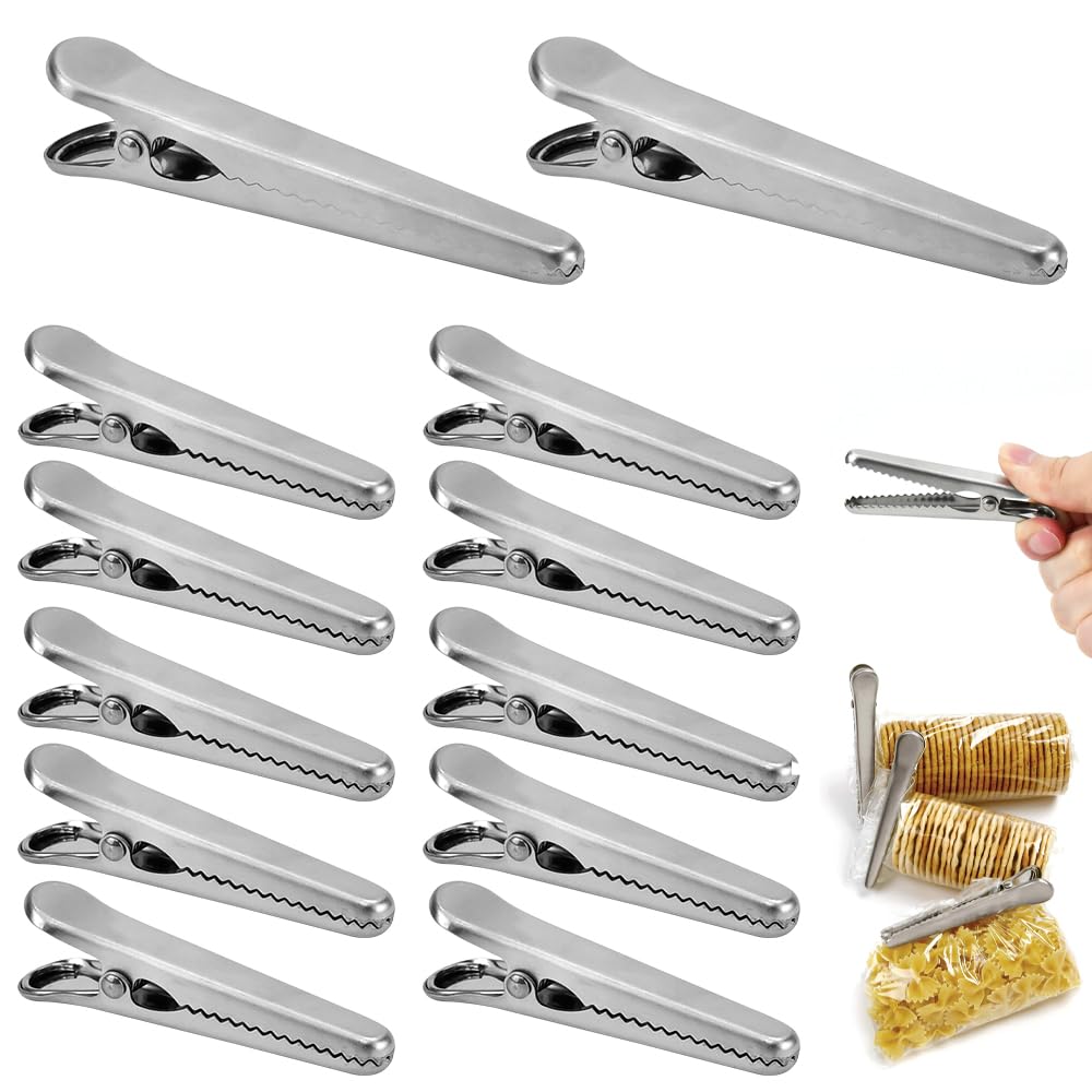 12 Clip Multiuso Acciaio Inox - Mollette Per Sacchetti Cibo, Documenti E Foto