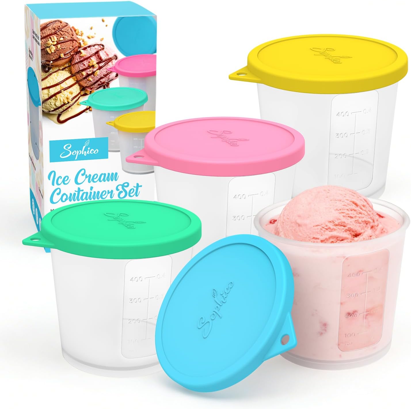 Sophico Ice Cream Freezer Storage Container, with Silicone Lids for Ice Cream Perfect for Food Storage Tub, Meal Prep, Soup and Food Storage (MEDIUM)