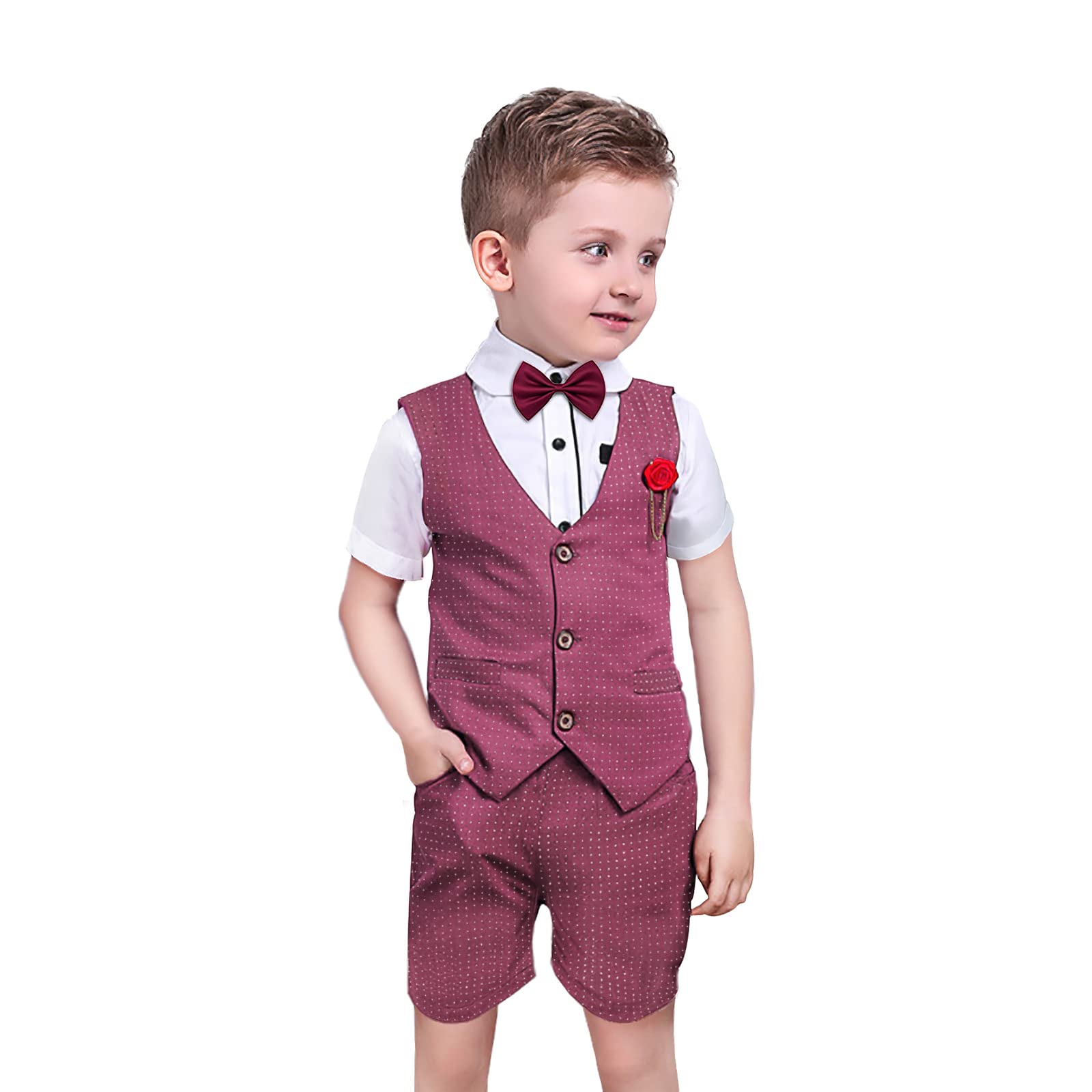 Nwada Conjunto de Caballero para bebés para niños Traje de Bautizo para Verano, Trajes para niños para Boda, Chaleco + Camisa + pantalón Corto + Pajarita 2-7 años