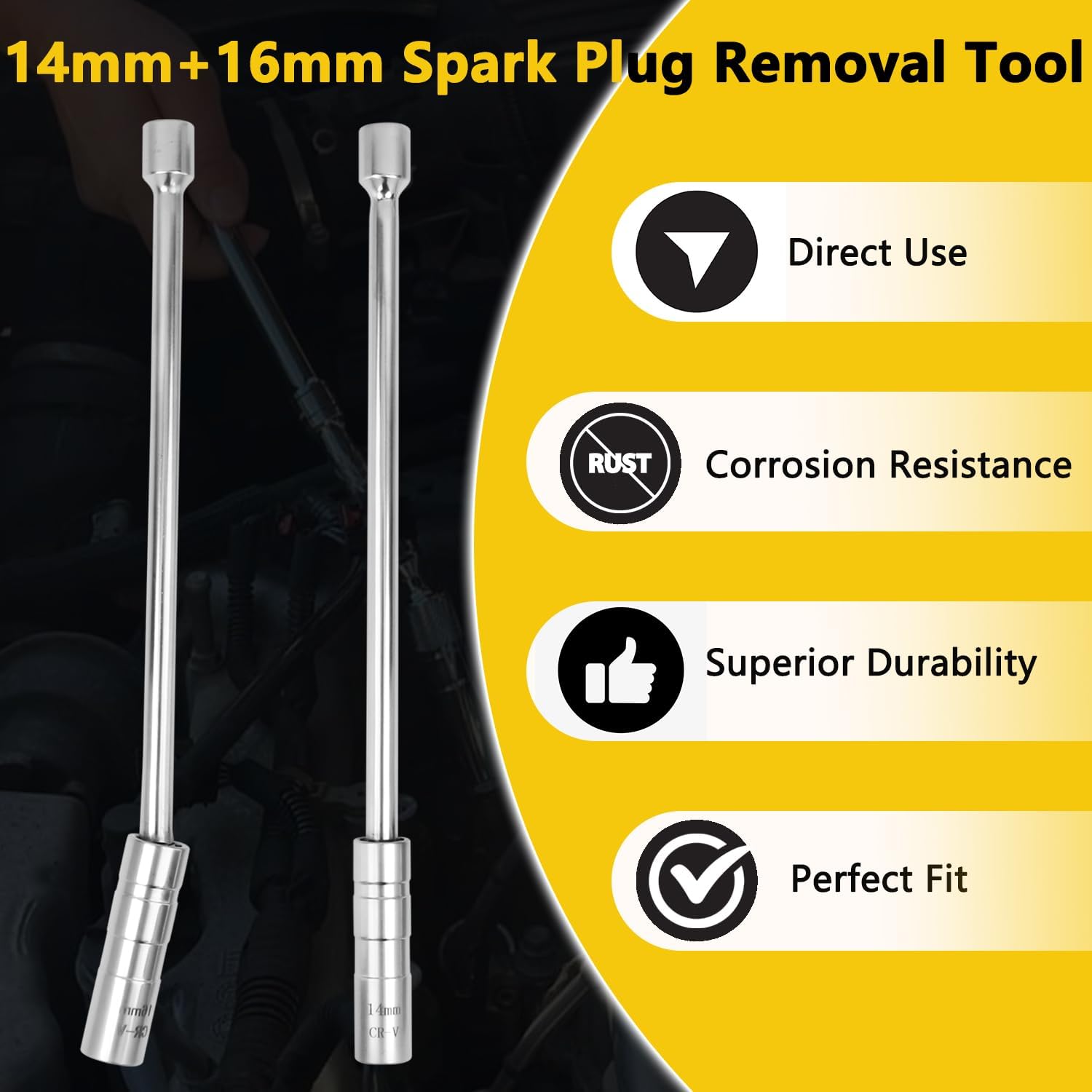 14mm+16mm Swivel Magnetic Spark Plug Socket, 2PCS 3/8" Drive 12 Point Thin Wall Spark Plug Removal Tool for BMW Mini Nissan Cars, with Magnetic Design and 360 Degree Swivel CR-V Steel
