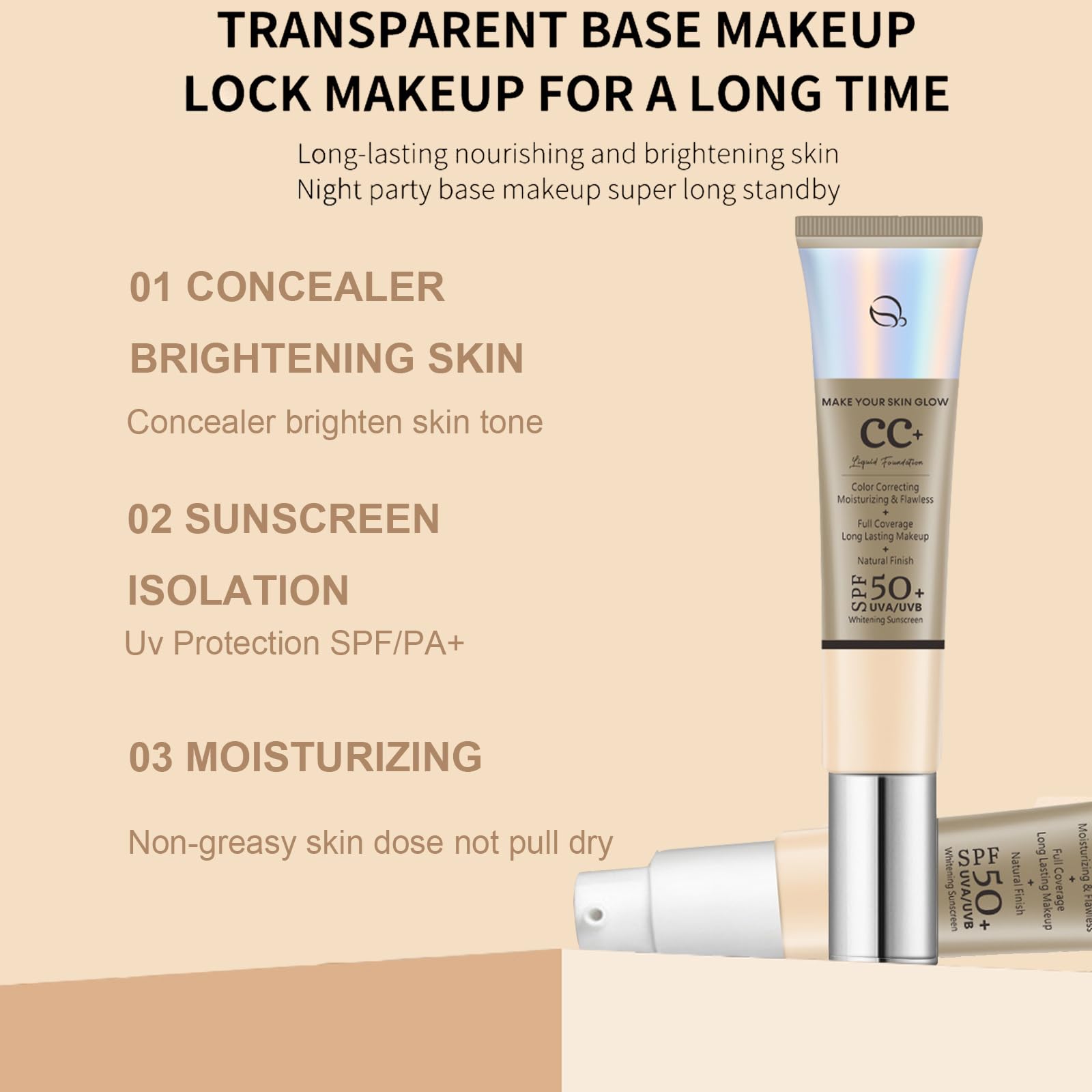 CC Cream With SPF 50 - Base de cobertura completa, poros invisibles, tono de piel uniforme, cubre imperfecciones, hidratante, transpirable, ligera, de larga duración, impermeable, mate (natural) 7