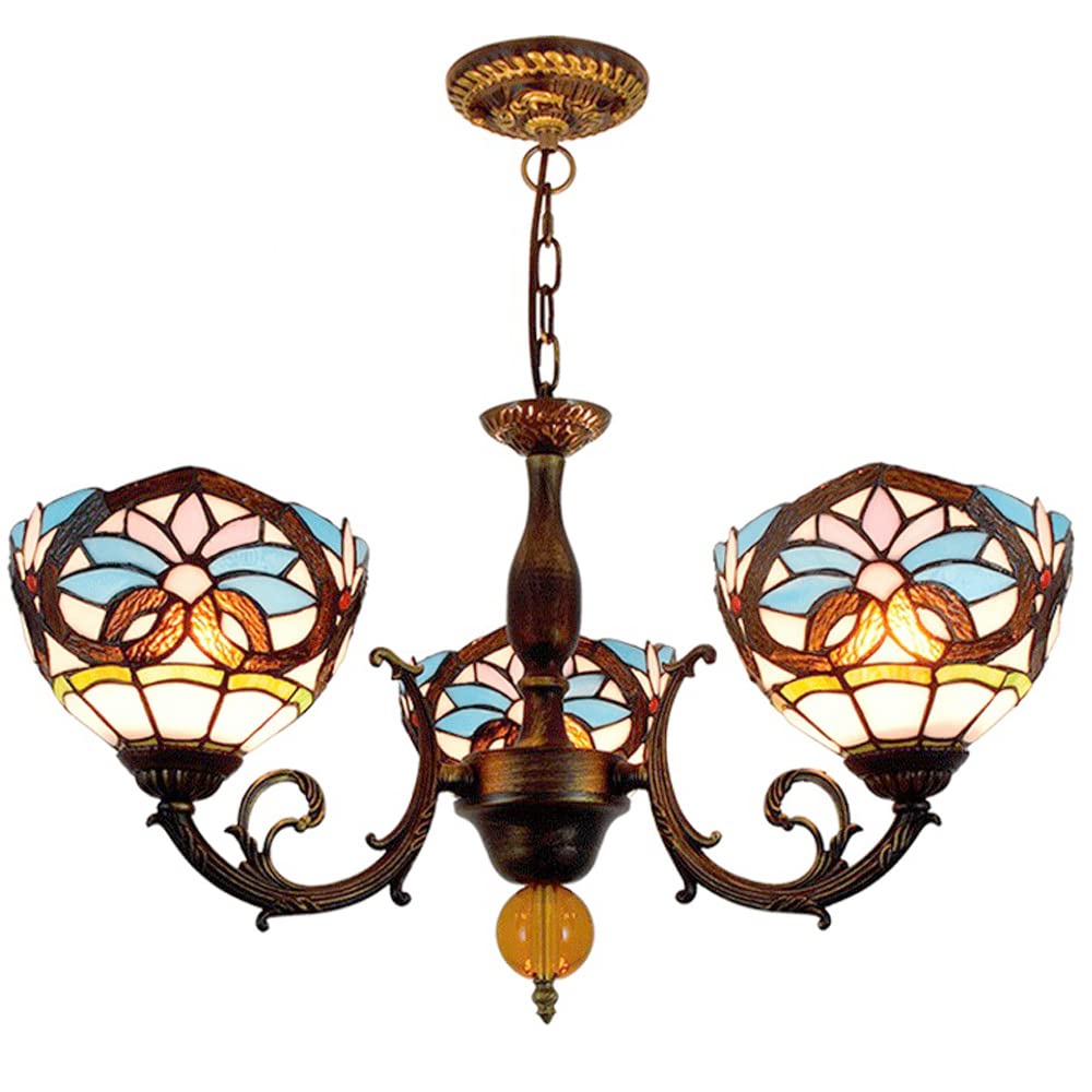 FYZDLAOR Vintage Baroque 3-Light Chandelier,Adjustable Pendant Light Light Fixtures,Tiffanystyle Stained Glass Hanging Light Wide 22 Inch Height 32 Inch