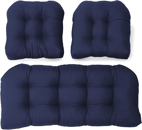 Miniatura 2 de Cojines de asiento de mimbre para patio al aire libre, almohadillas de banco de jardín, cojines de silla para patio, sofá biplaza de mimbre azul