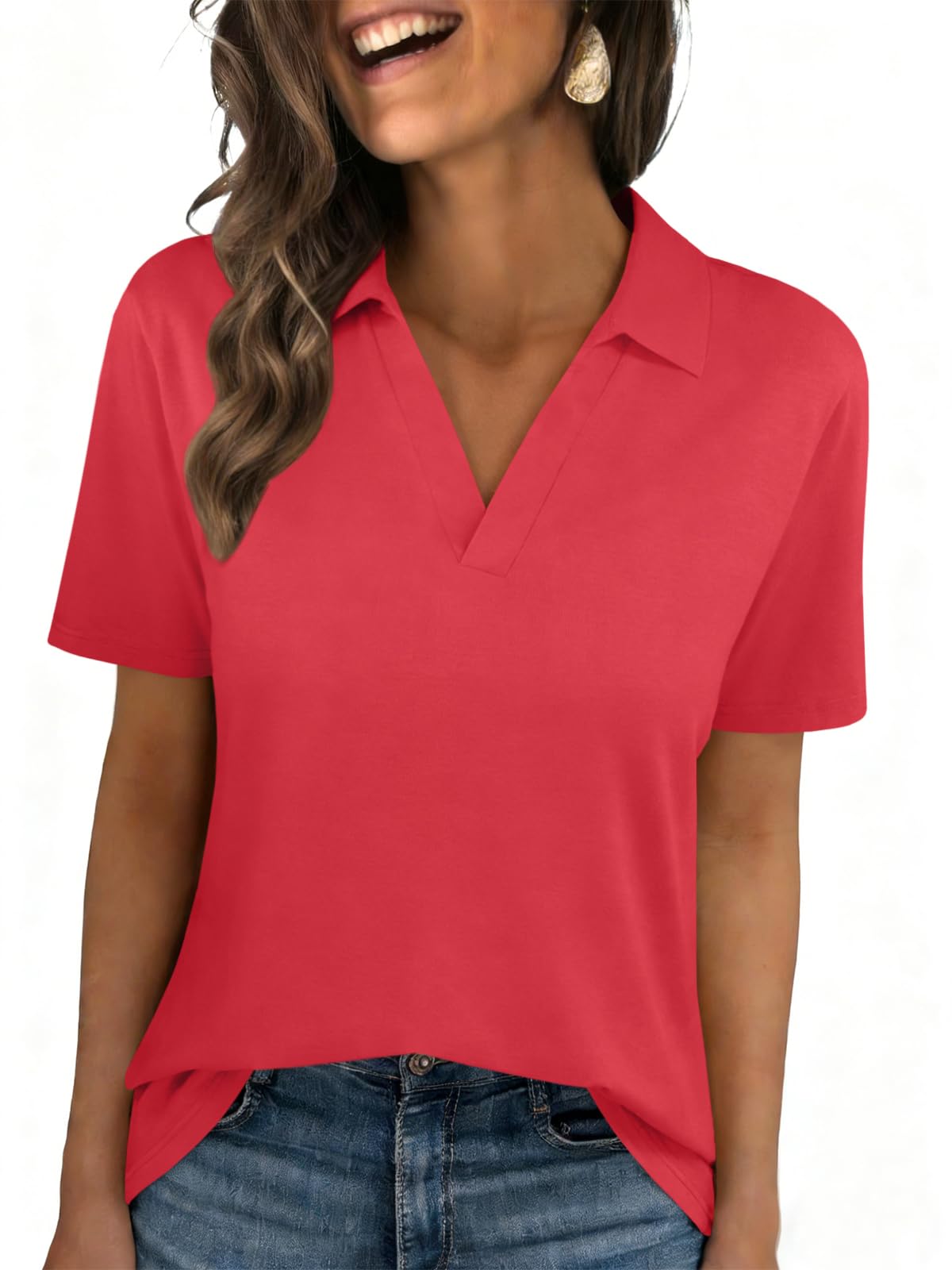 Womens Polo Shirts Short Sleeve V Neck Collared Business Summer Blouse Top