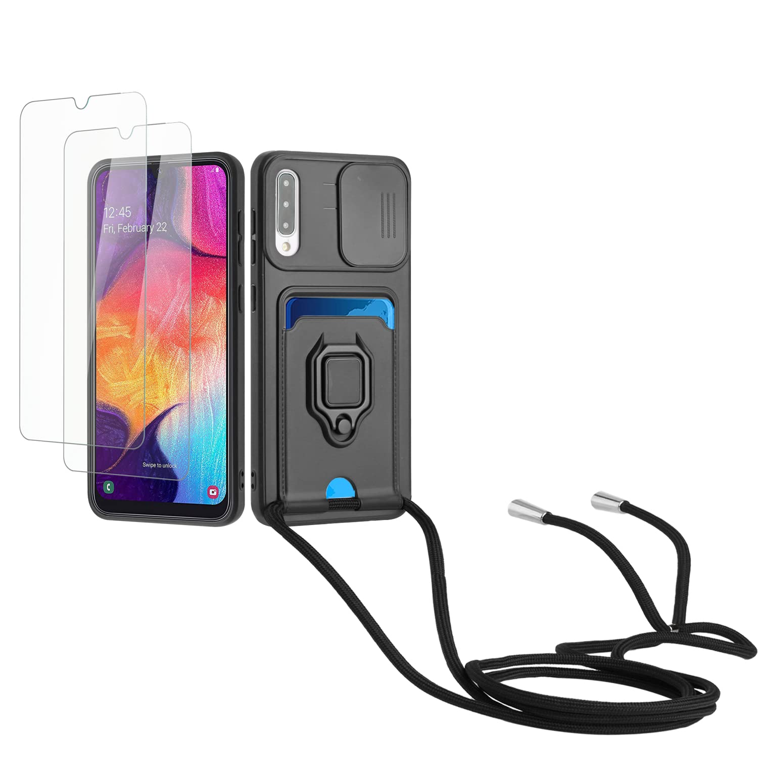 Kaslly Funda con Cuerda para Samsung Galaxy A35+[2 Pack Protector Pantalla],Case con Ranura para Tarjetas,Cubierta de Cámara Deslizante Proteger,Doble Cara Protección-Negro — view 61