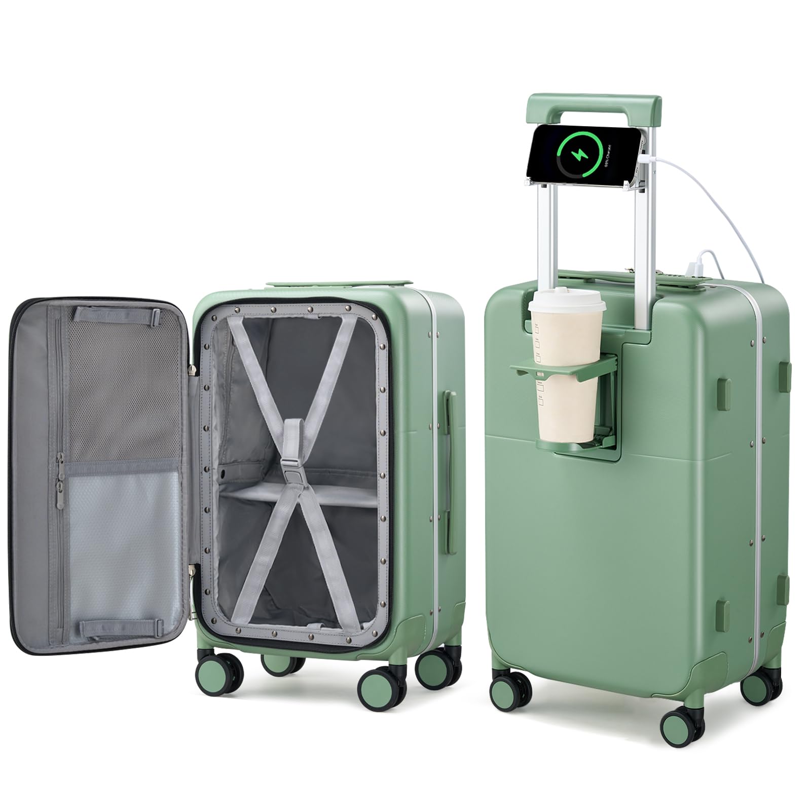 Hanke 24 Inch Luggage with Cup Holder and Charge,Top Opening Hard Shell Suitcases with Wheels and Dividers,Aluminum Frame Trunk Luggage Medium Checked