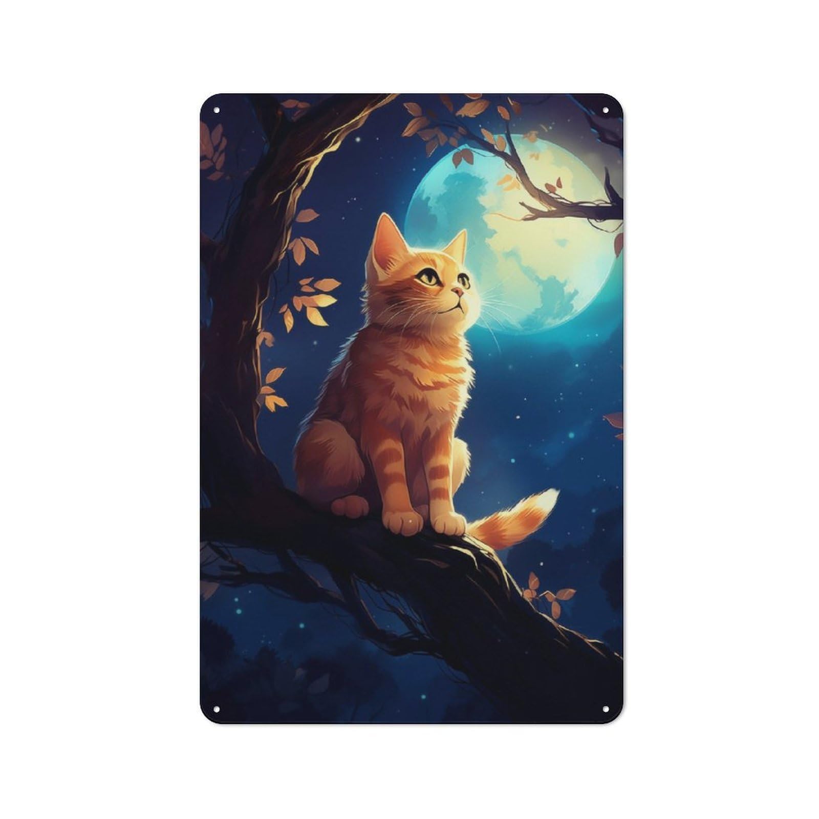 Junmoney Cute Cat Looking At Moon Classic Decorative Tin Plaque 30X20cm Featuring Novelty Wall Art For Home, Shop, Pub Or Studio Wall