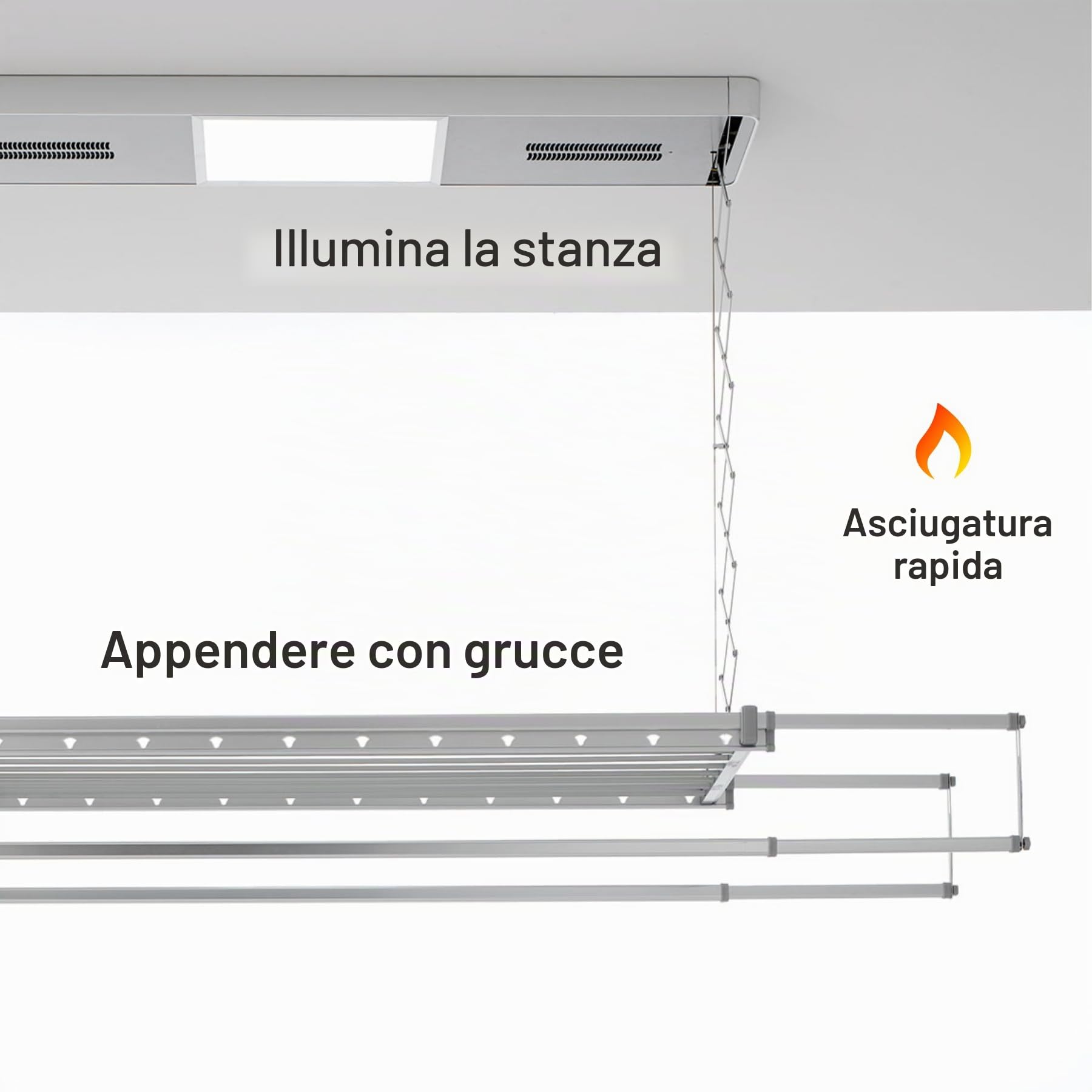 foxydry Pro, stendibiancheria da soffitto elettrico, con aria calda, 122 cm | salvaspazio, in alluminio, telecomandato, motorizzato, per lenzuola, luce LED, sostiene 35 kg, grigio