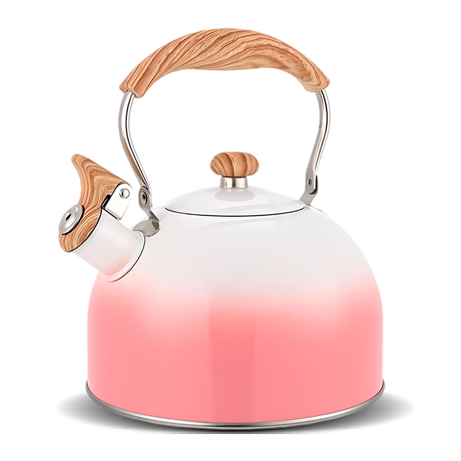 Stovetop Kettle for Kitchen Gas, Induction & Electric Hobs, 2.5L Stainless Steel Whistling Kettle with Folding Wood Grain Handle for Boiling Water/Coffee/Milk/Camping (Pink)