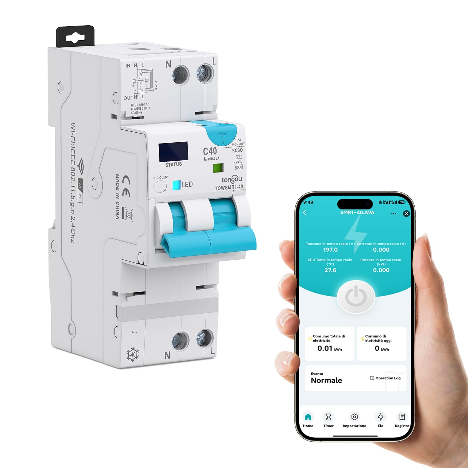 TONGOU Intelligente Interruttore Differenziale e Magnetotermico RCBO ，Riarmo Automatico Tipo A 1-40A 30mA 1P+N，Protezione da Sovraccarico & Cortocircuito - Connessione WiFi/TUYA App