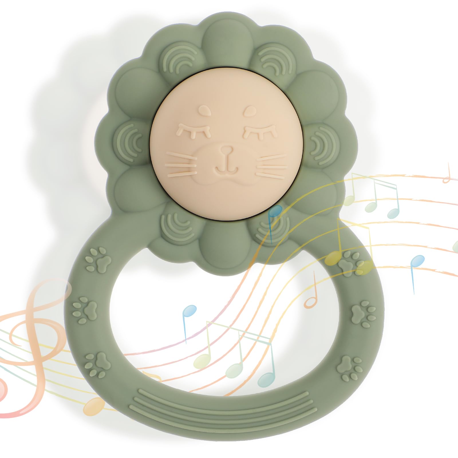 meanus Silikon Babyrassel Beißring, Löwenform Baby Spielzeug für Sinnes und Kauentwicklung, BPA-frei (Sage)