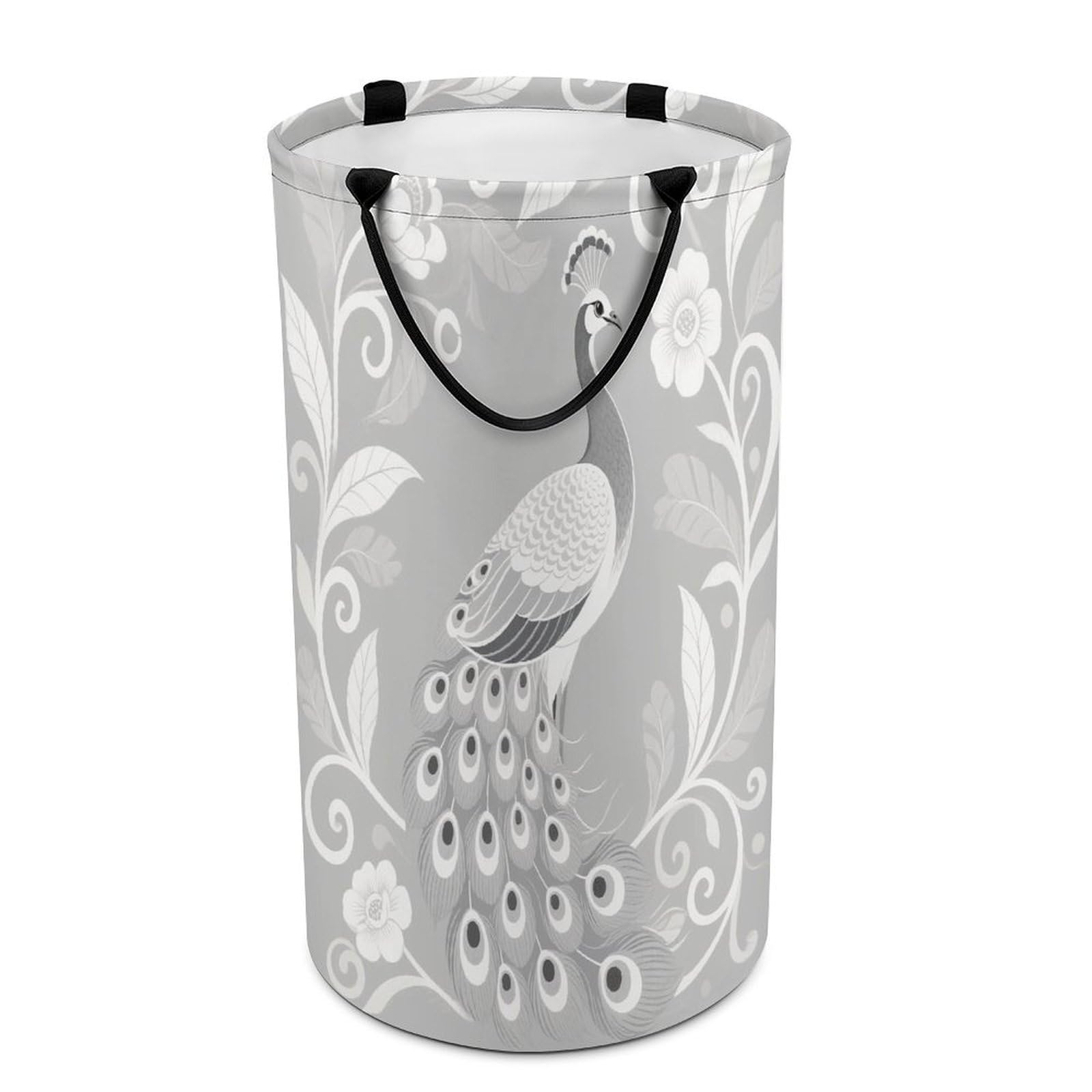Gray And White Peacock Laundry Basket with Handles Large Collapsible Laundry Bag Freestanding Waterproof Clothes Hamper Decor Storage of Dirty Clothe for Family Bathroom 86L