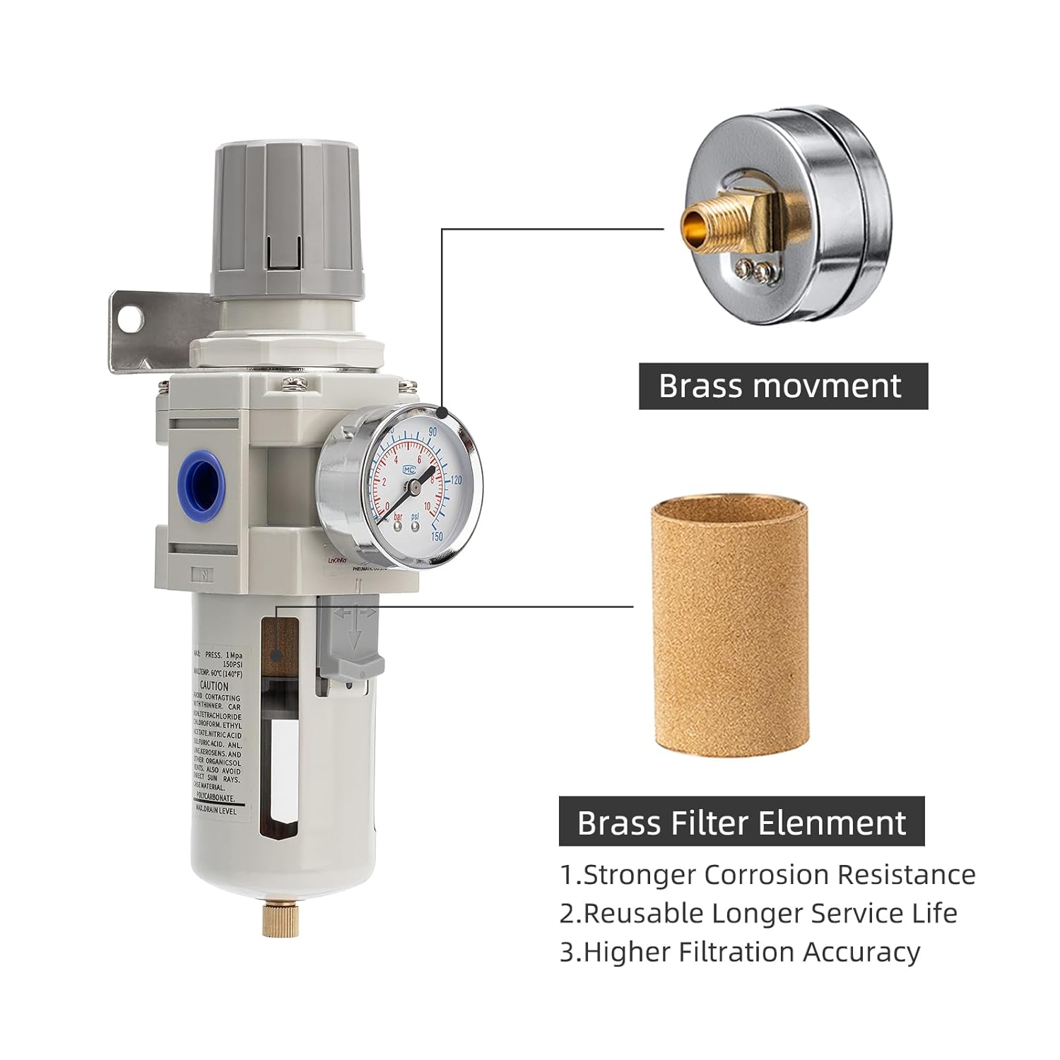 Air Compressor Water Separator Filter 3/4" NPT 0-150 PSI,Compressed Filter Regulator Combo,Poly Bowl,Semi-Auto Drain - Image 4