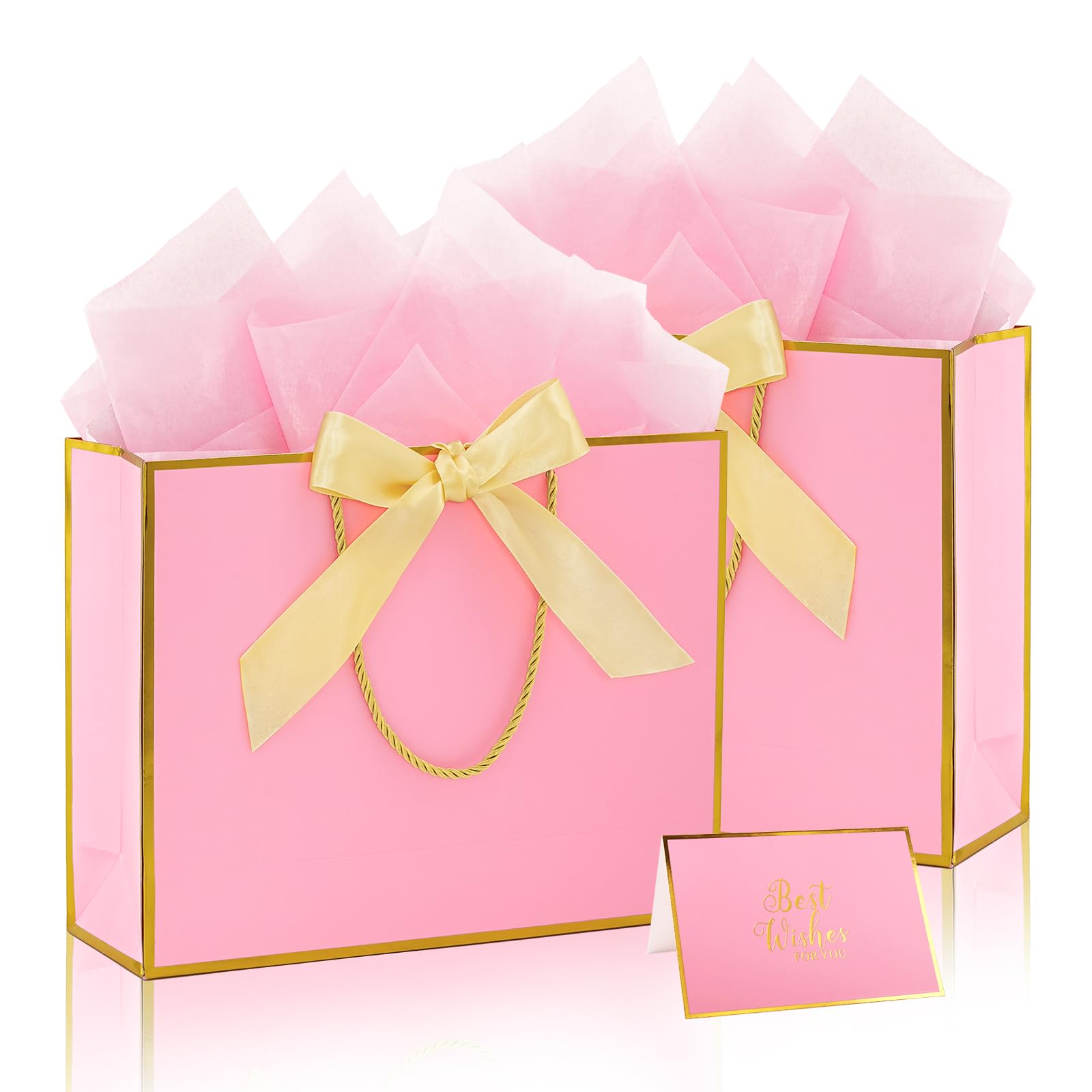 Addblu 2 Pack Large Gift Bags with Handles & Tissue Papers, 12.6×10×4 Inches Thank You Gift Bags with Cards for Mother’s Day, Birthday, Baby Shower, Wedding & Bridesmaids (Pink Gift Bag, 2 PCS)