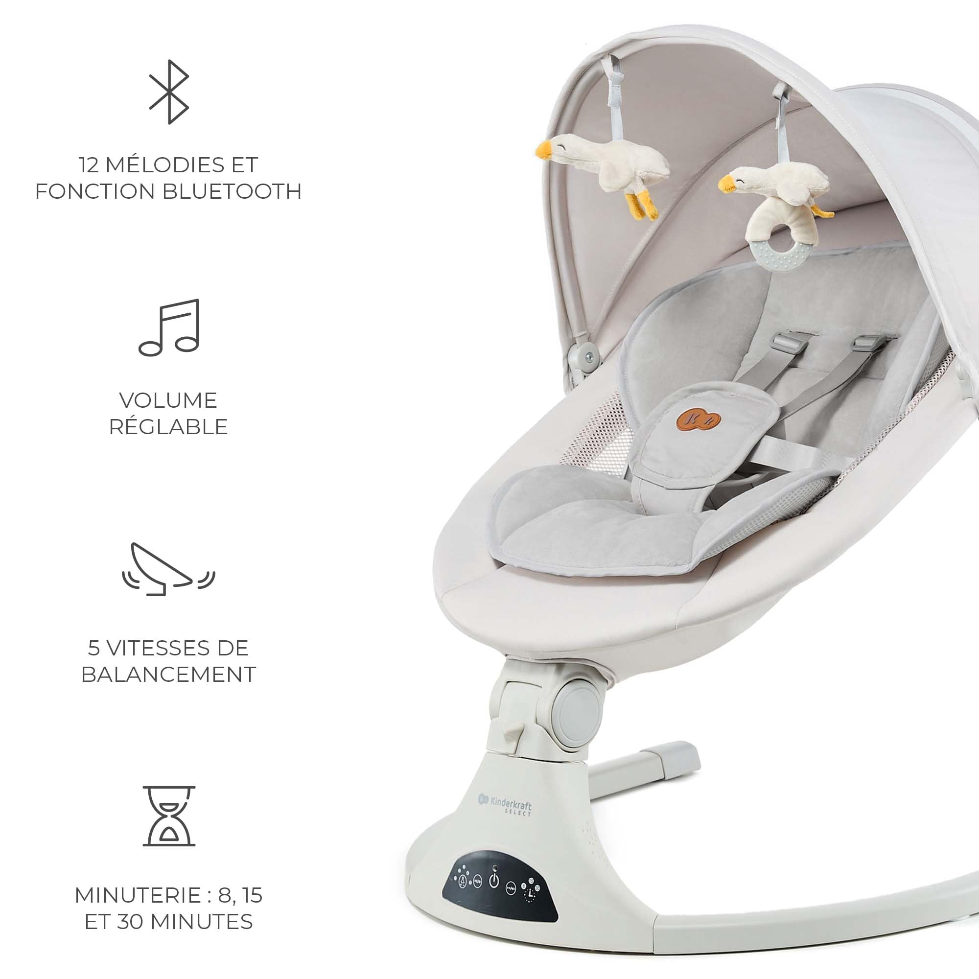 Kinderkraft TULSY Transat électrique pour bébé, 5 niveaux d'intensité, 12 mélodies préréglées, jouets amovibles, réglable, léger, Bluetooth et USB, harnais à 5 points, beige