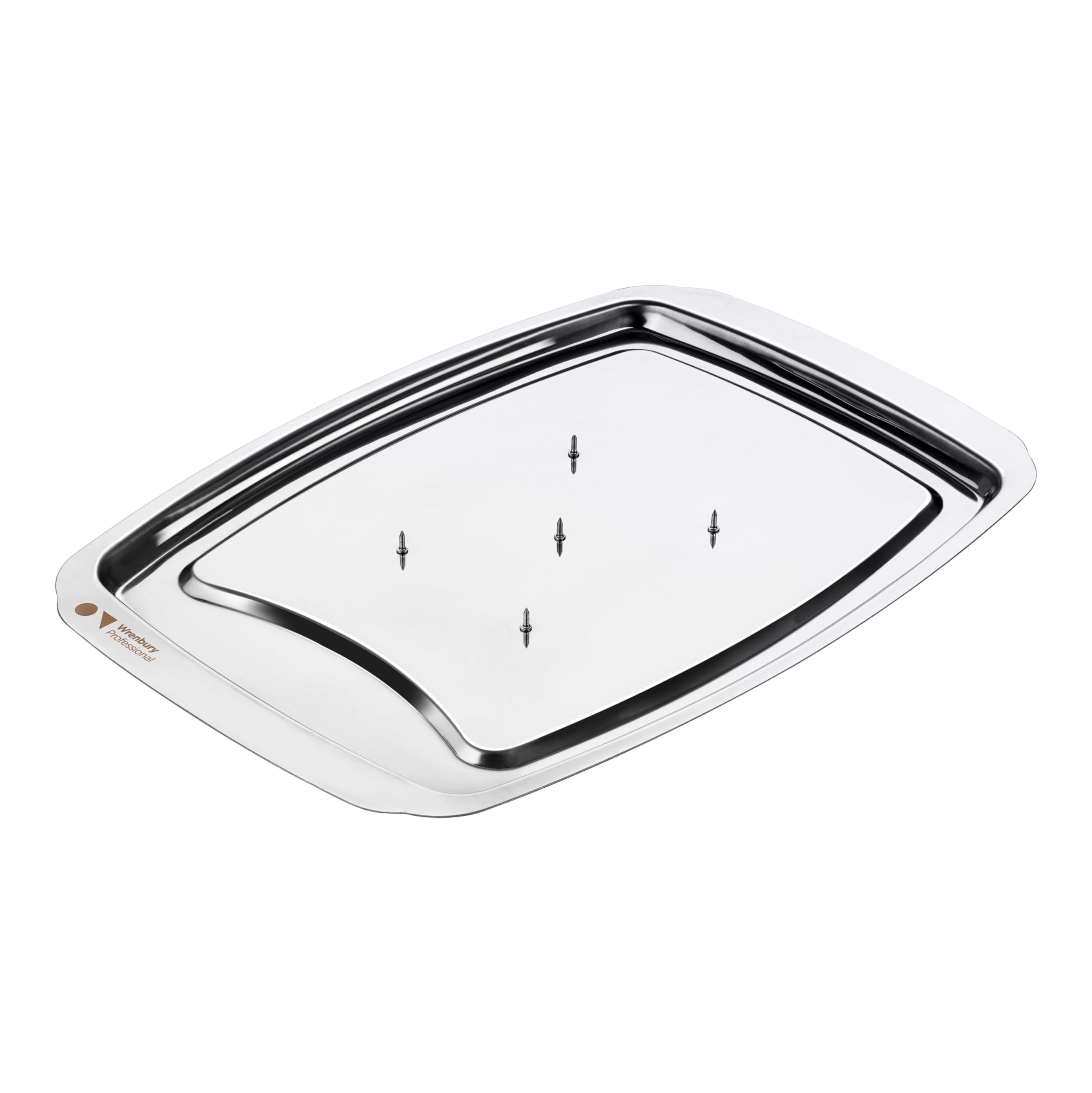 Wrenbury Pro Meat Carving Tray Board - Stainless Steel Carving Dish with Spikes - Spiked Cutting Platter - 38cm - Perfect for Turkey Serving