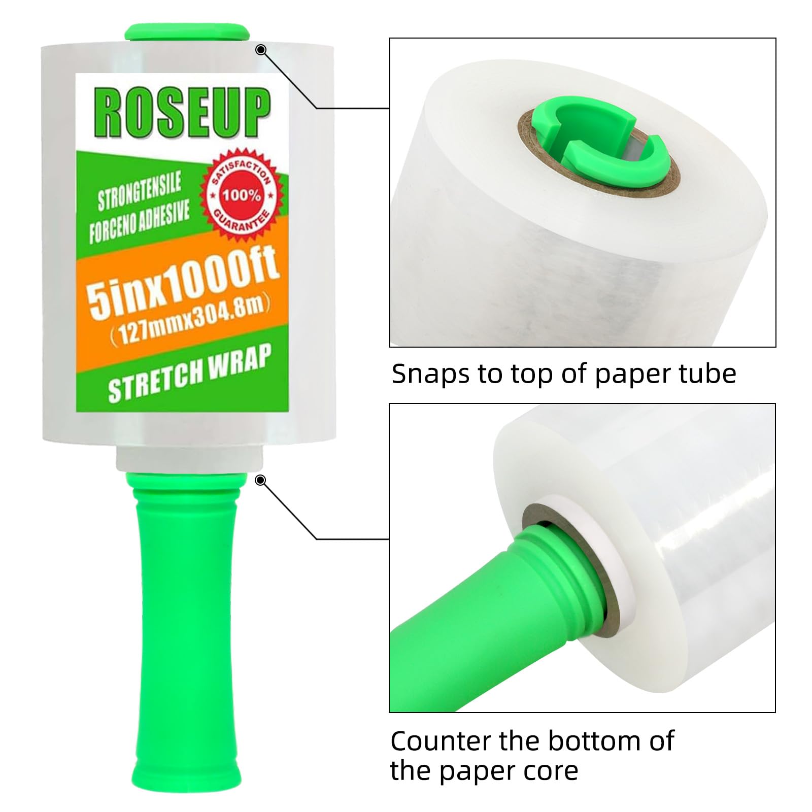 ROSEUP Rollo de película elástica transparente de 5 pulgadas x 1000 pies con asa, envoltura de plástico grueso de calibre 80 para mudanza, envoltura de palés, embalaje autoadhesivo, película retráctil