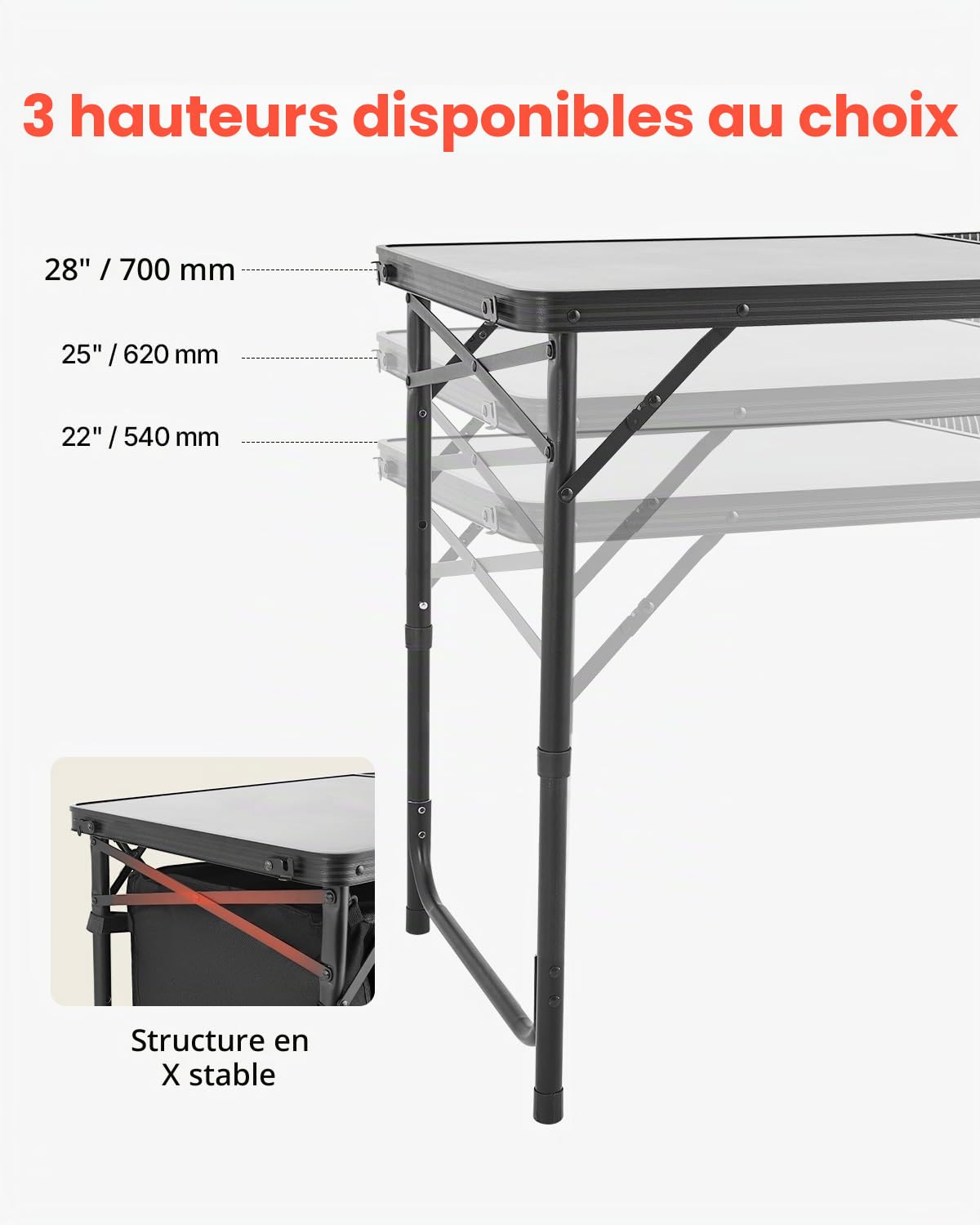 VEVOR Table de Cuisine de Camping, 3 hauteurs réglables, Table de Cuisson extérieur Pliante, Portable et légère, en Aluminium, avec Organisateur de Rangement, pour Barbecue, Pique-Nique, Voyage, Noir